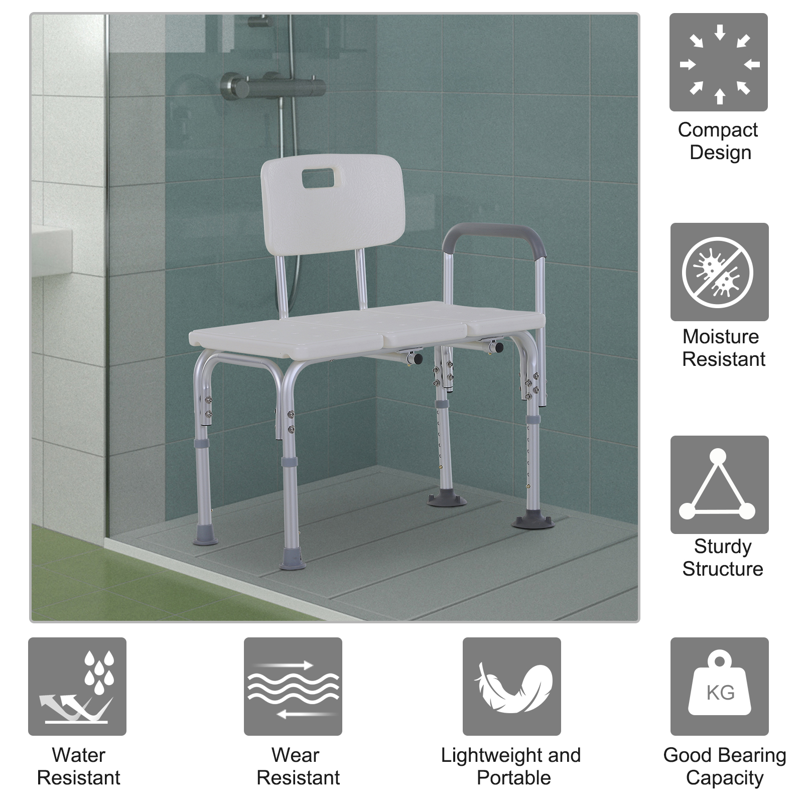 6-Level Adjustable Bath and Shower Transfer Bench Aluminum Chair with Non-Slip Feet, Armrest & Backrest White - Image 3