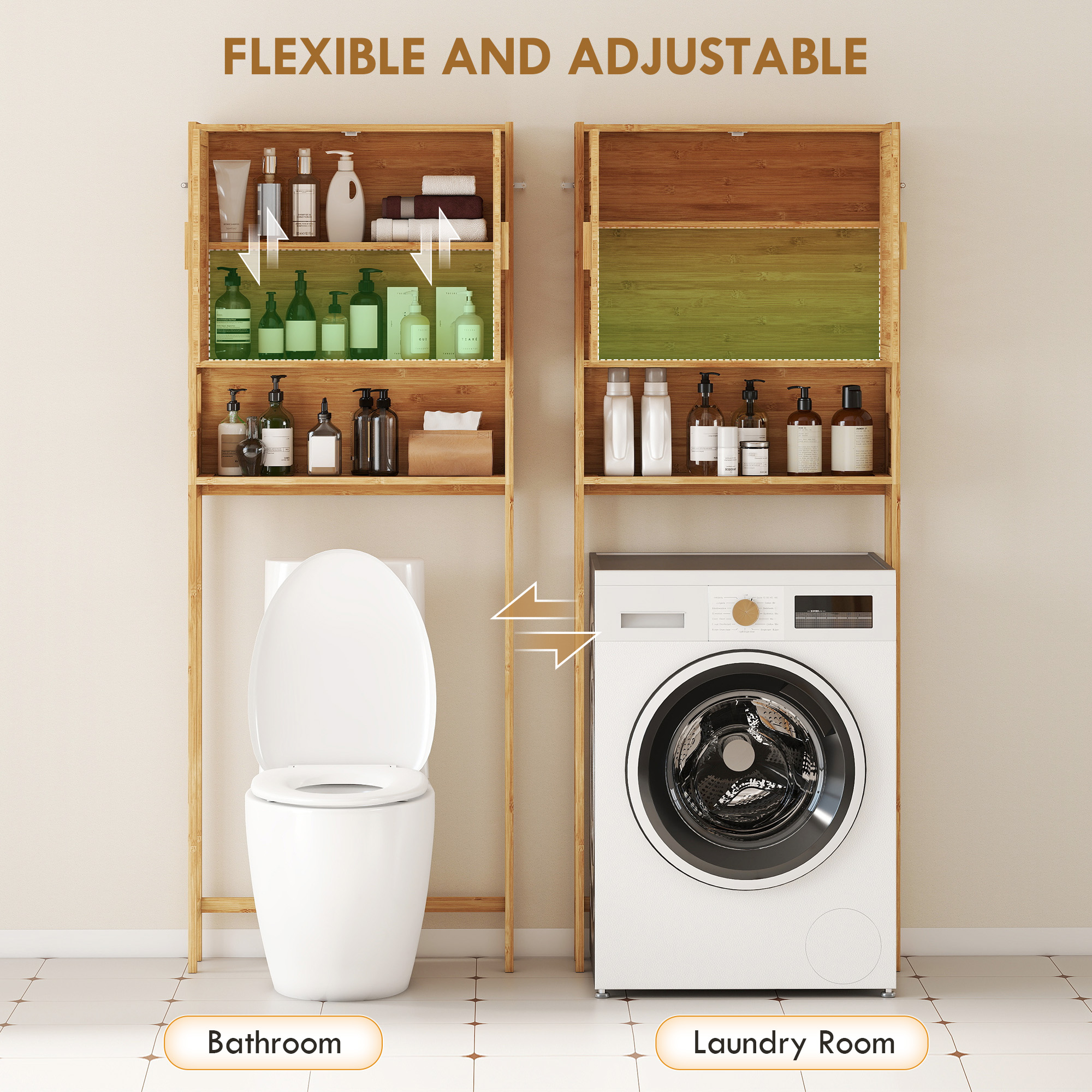 Over the Toilet Cabinet, Bathroom Organizer with 2 Doors, Open Compartment and Adjustable Shelf, Natural Wood Finish - Image 3