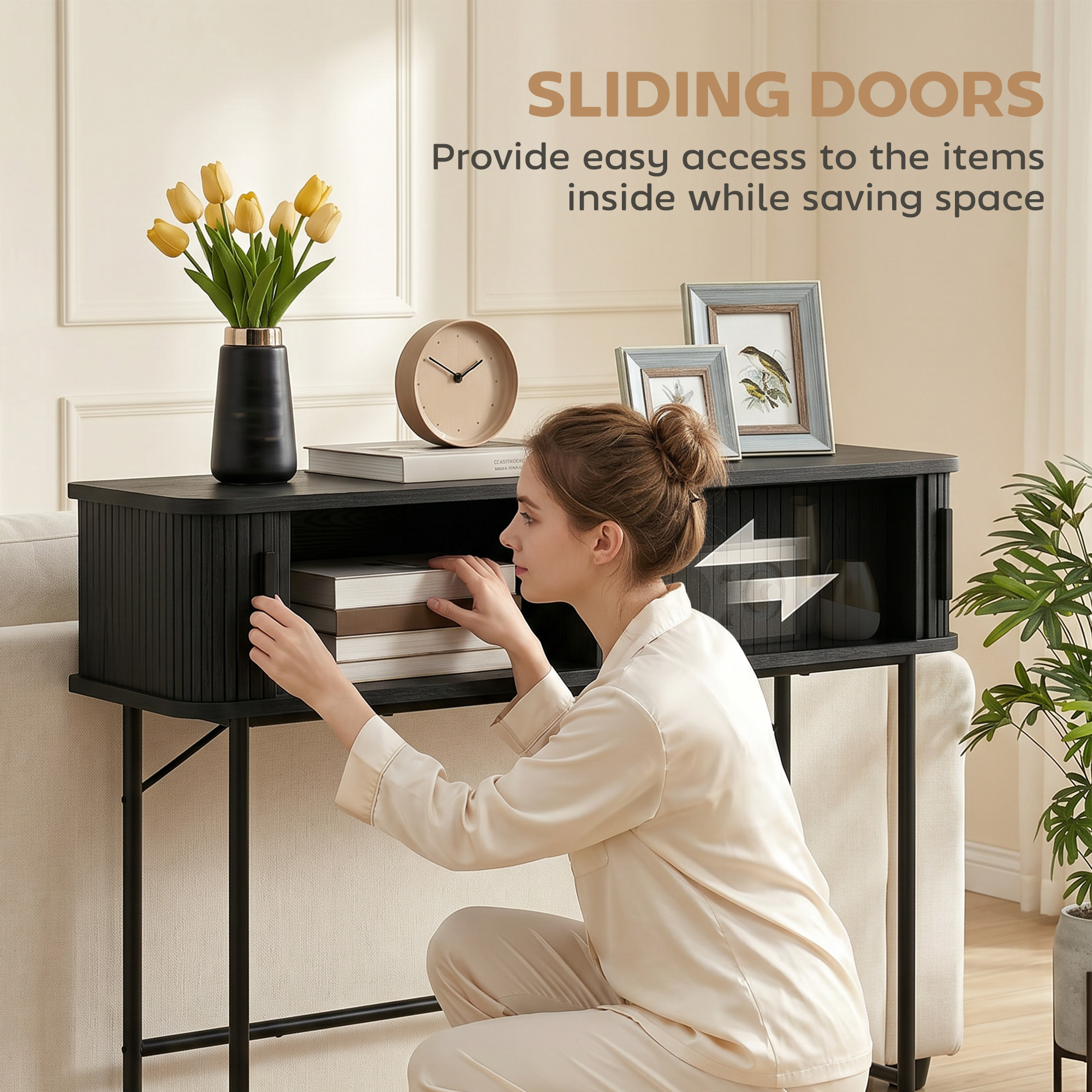 Mid-Century Entryway Table, Narrow Console Table with Storage Compartments for Behind Couch, Living Room, Black - Image 3