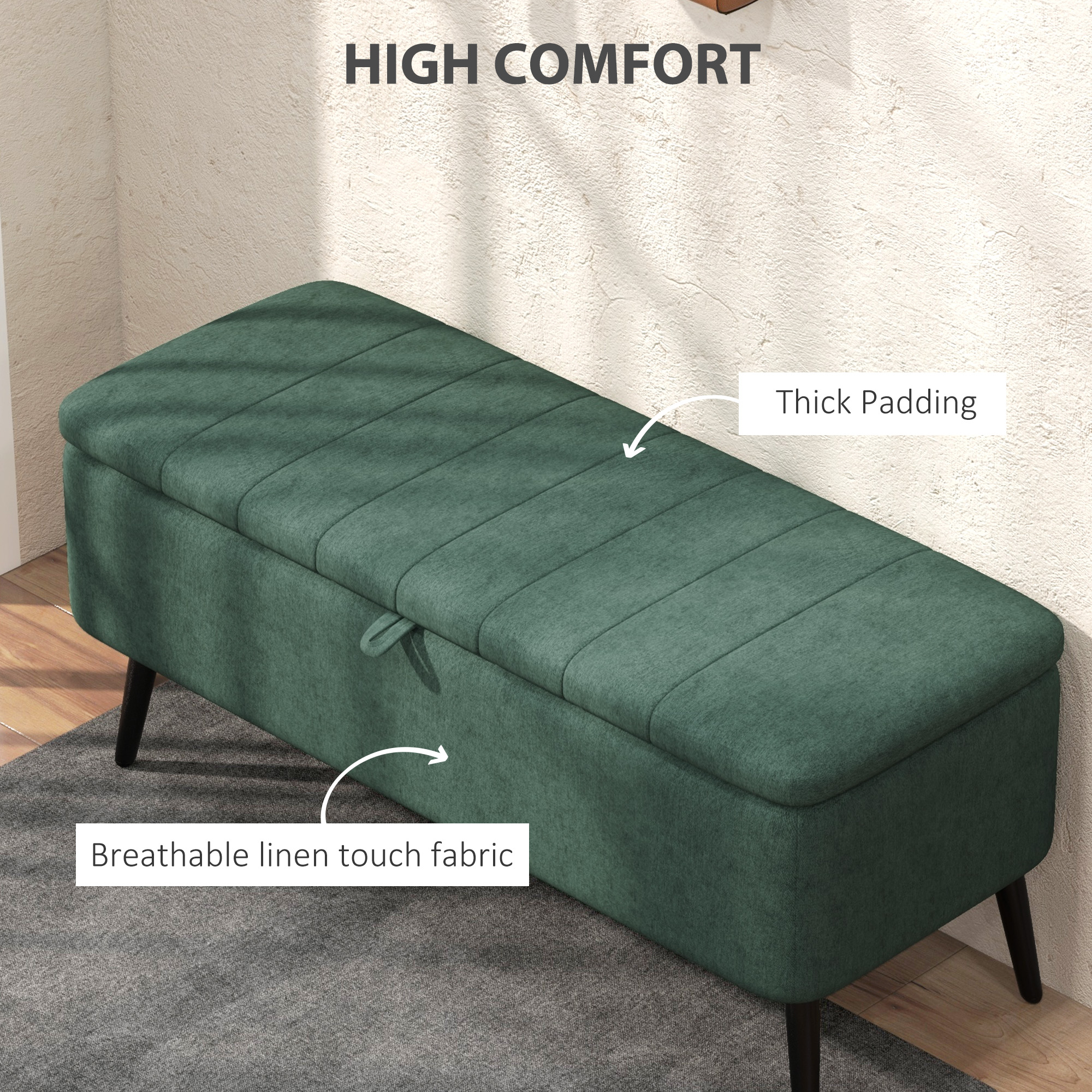 40" Ottoman with Storage, Linen Upholstered Storage Ottoman Bench with Steel Legs for Living Room, Bedroom Dark Green - Image 3