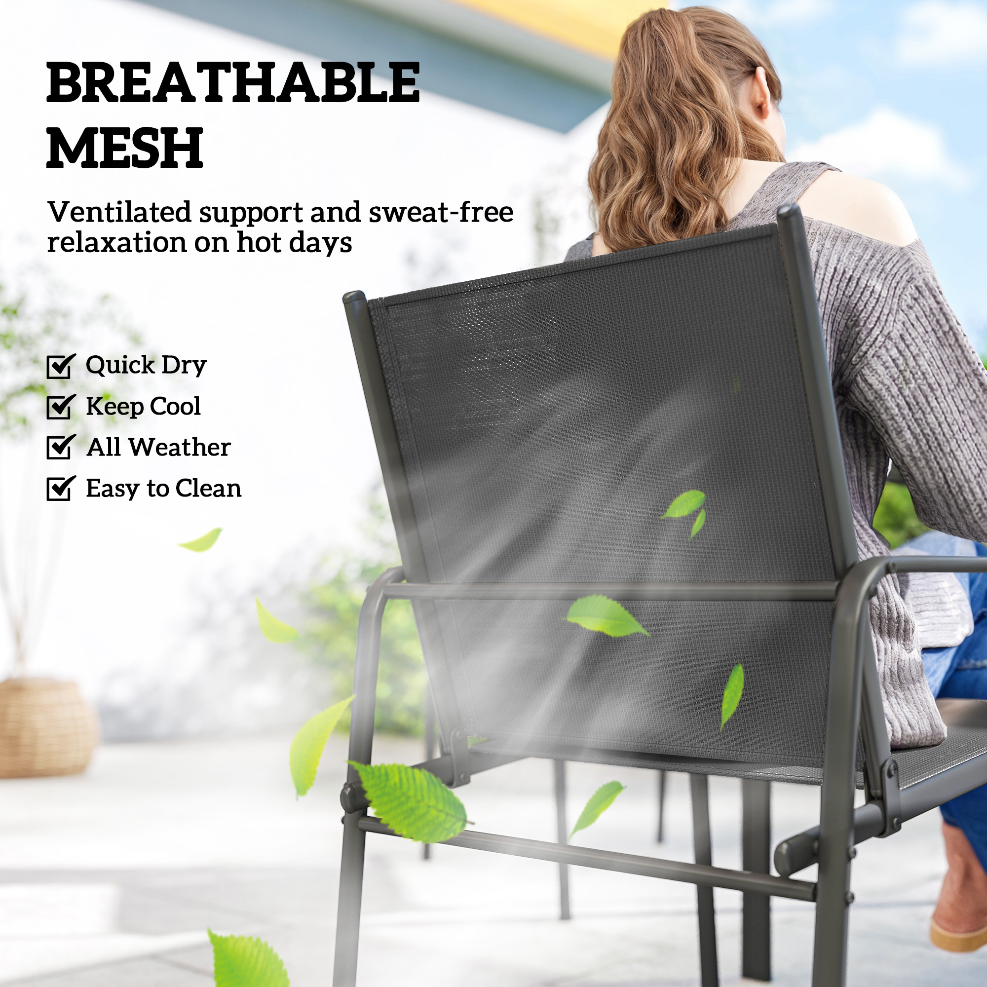 Outdoor Dining Set for 6, Faux Wood Patio Table and Chairs with Breathable Mesh Seat, Galvanized Steel Frame, Black - Image 3