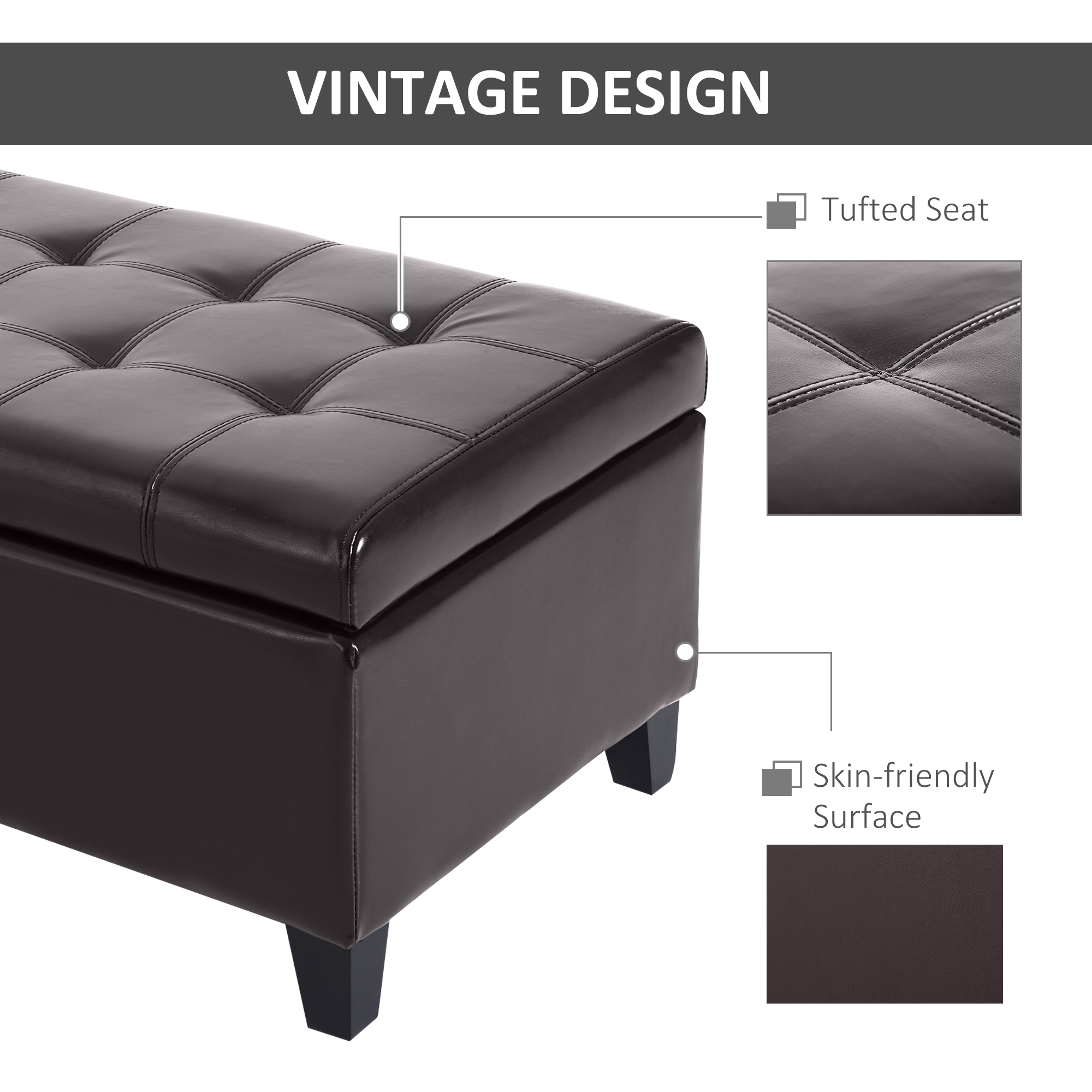 Storage Ottoman Bench, Foot Rest with Solid Wood Legs, 51 Inches PU Leather Storage Chest for Living Room, Brown - Image 4