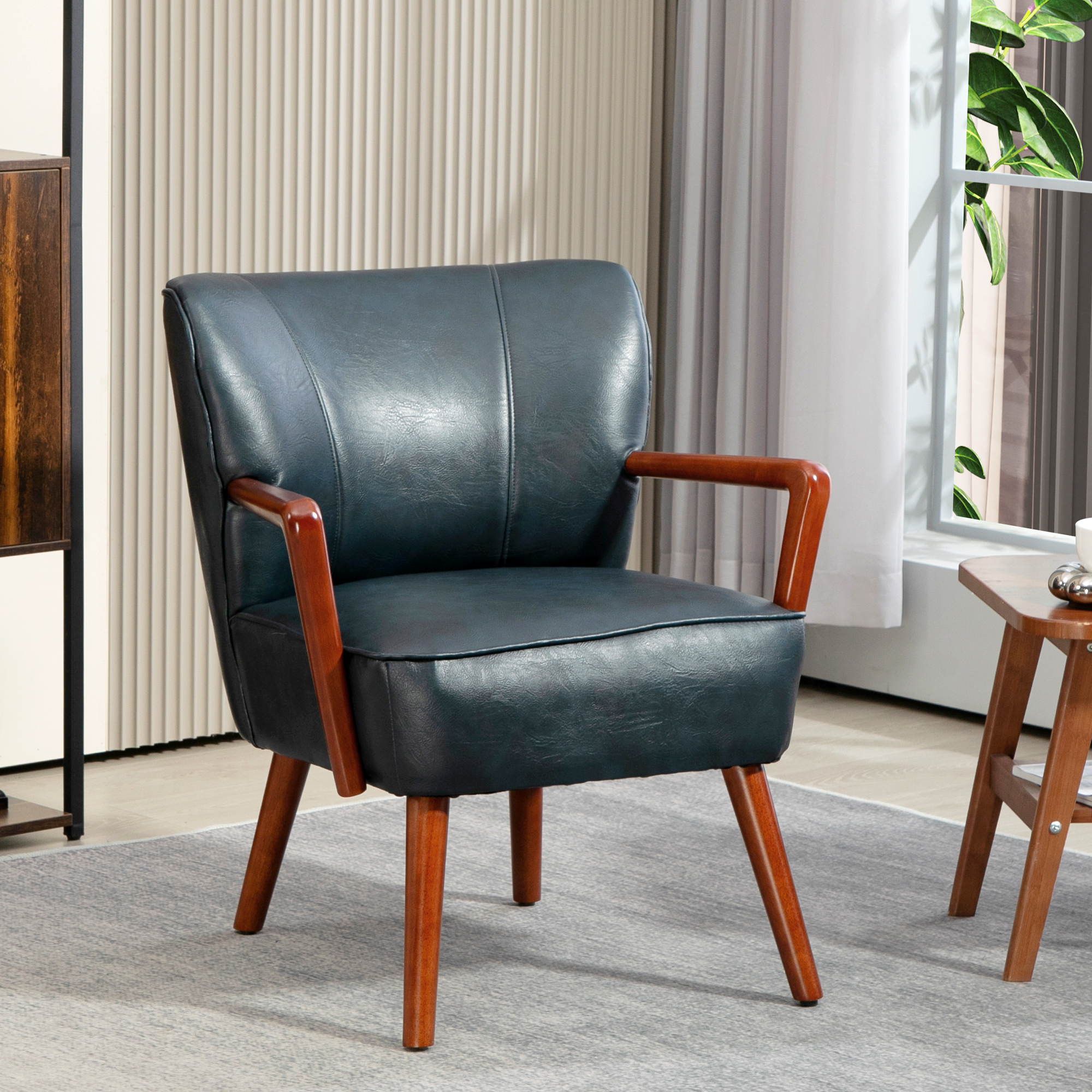 Accent Chair, Modern Armchair, Faux Leather Upholstered Living Room Chair with Wood Legs and Wide Padded Seat, Blue - Image 6