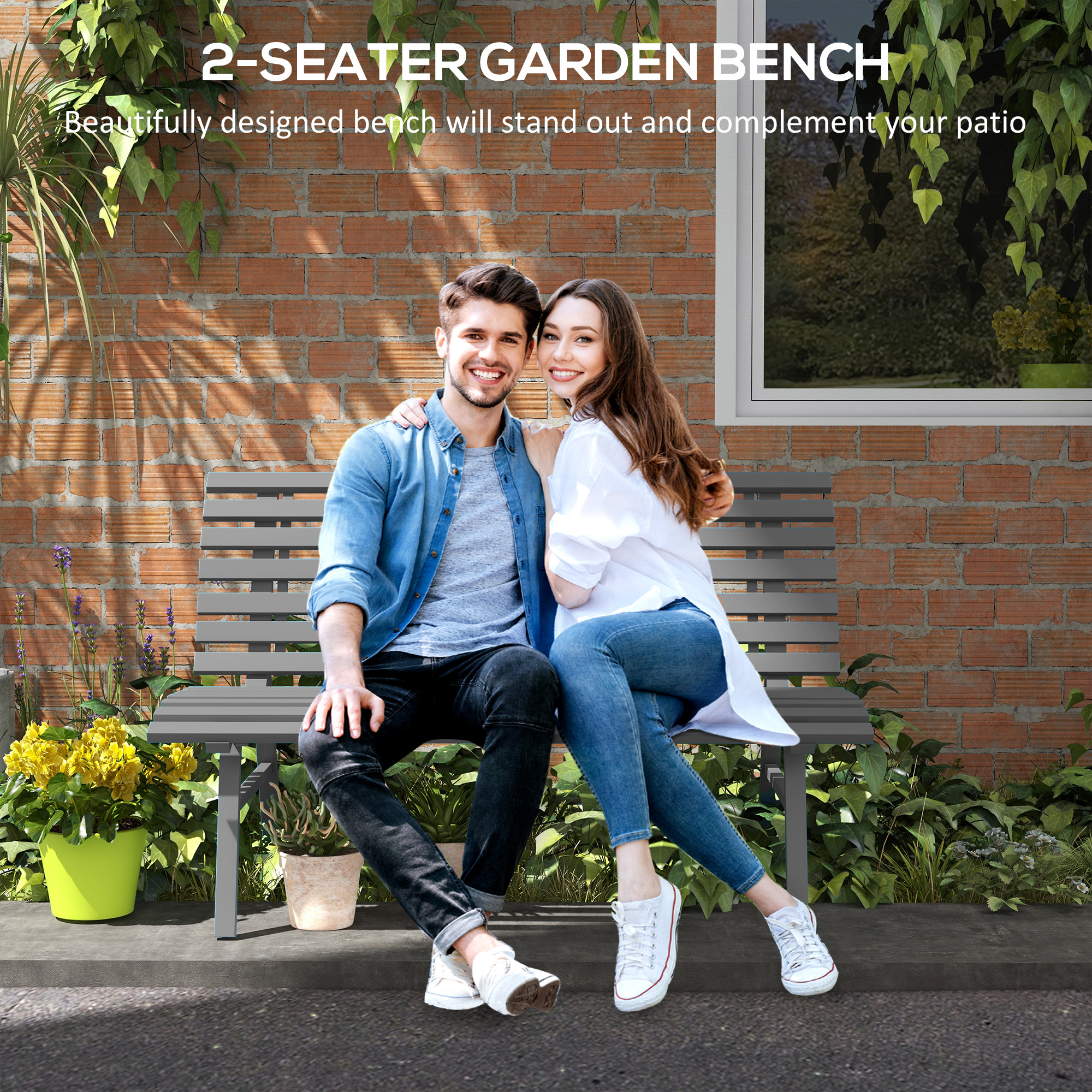 Outdoor Bench Patio Bench, Aluminum Lightweight Park Bench with Slatted Seat for Lawn, Park, Deck, Grey - Image 2