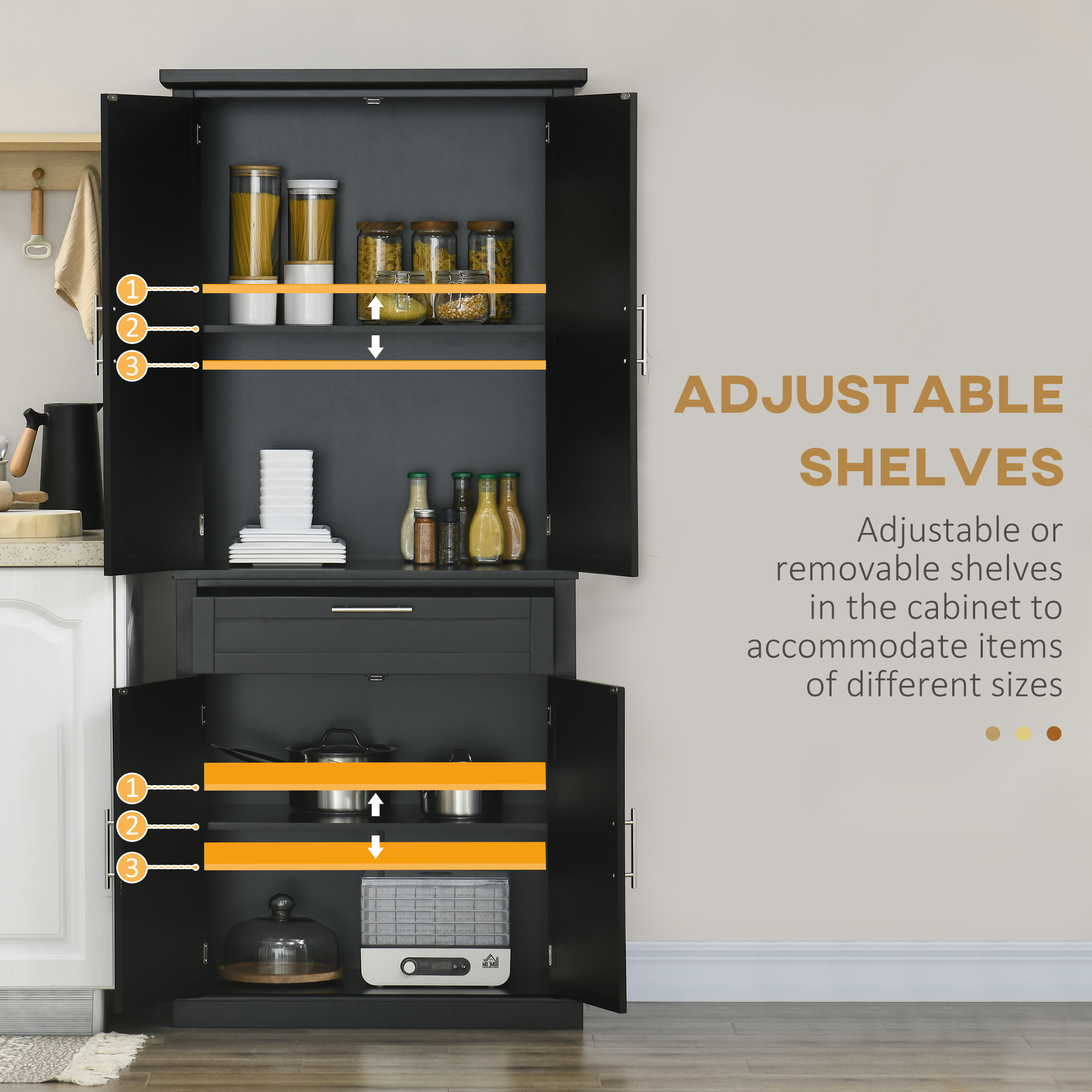 72" Kitchen Pantry Cabinet, Freestanding Storage Cabinet, 4-Door Cabinet with Drawer and Adjustable Shelves, Black - Image 3