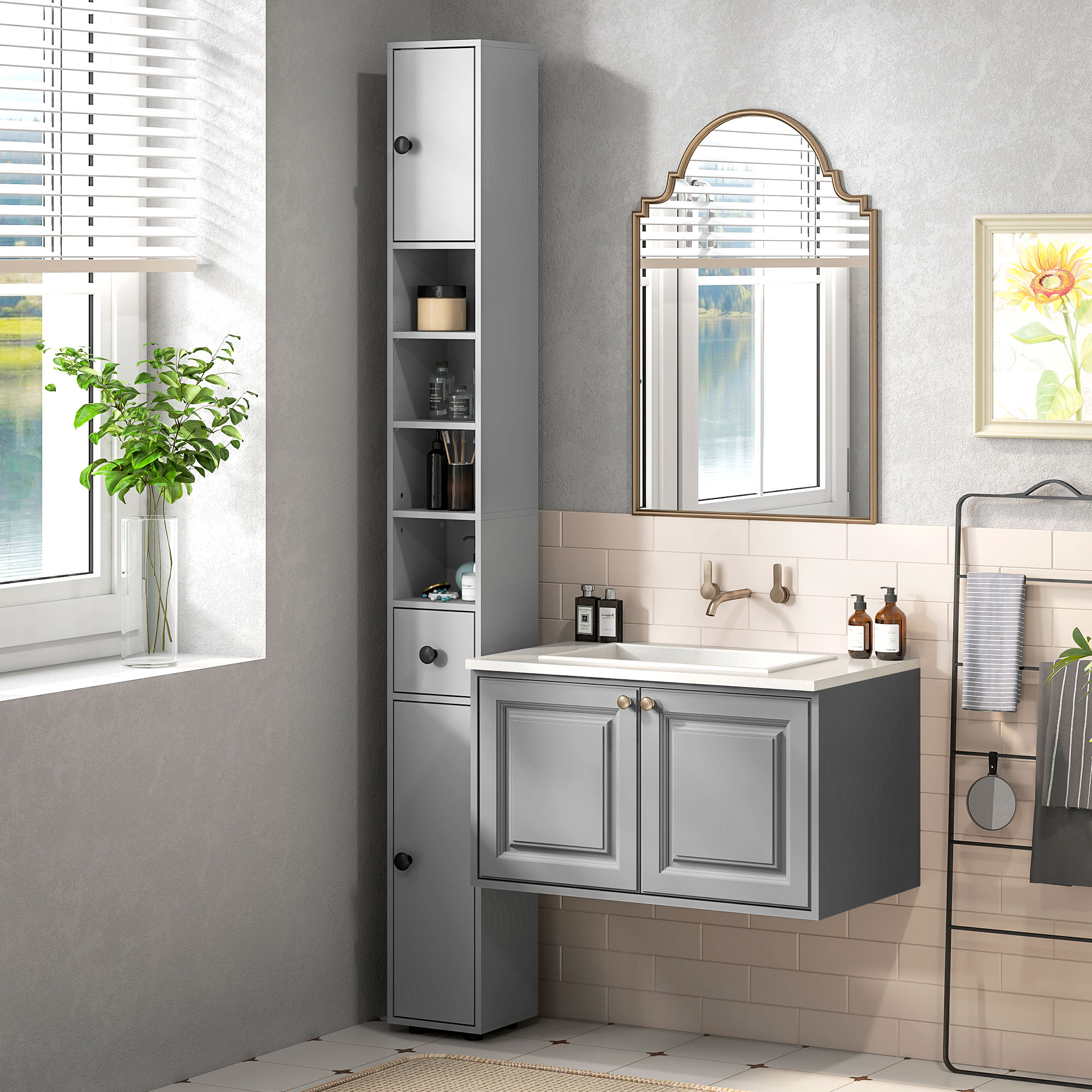 71" Tall Bathroom Cabinet, Narrow Toilet Paper Cabinet with Open Shelves, 2 Door Cabinets, Adjustable Shelves, Grey - Image 6