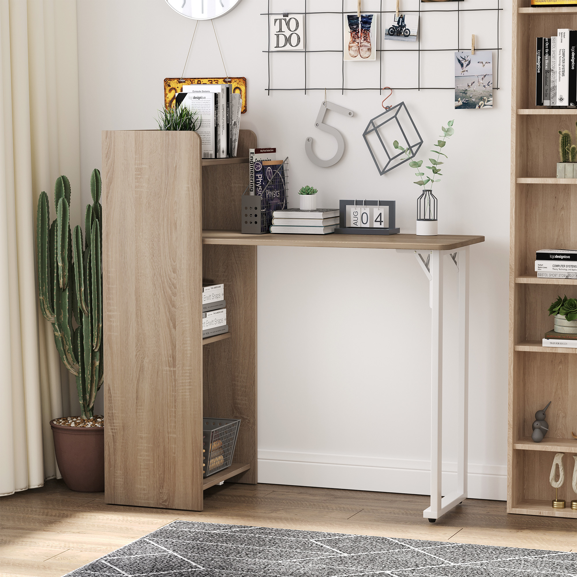 2 In 1 Folding Table, Drop Leaf Table, Space Saving Dining Table with 4-Tier Shelf for Small Spaces, Oak - Image 6