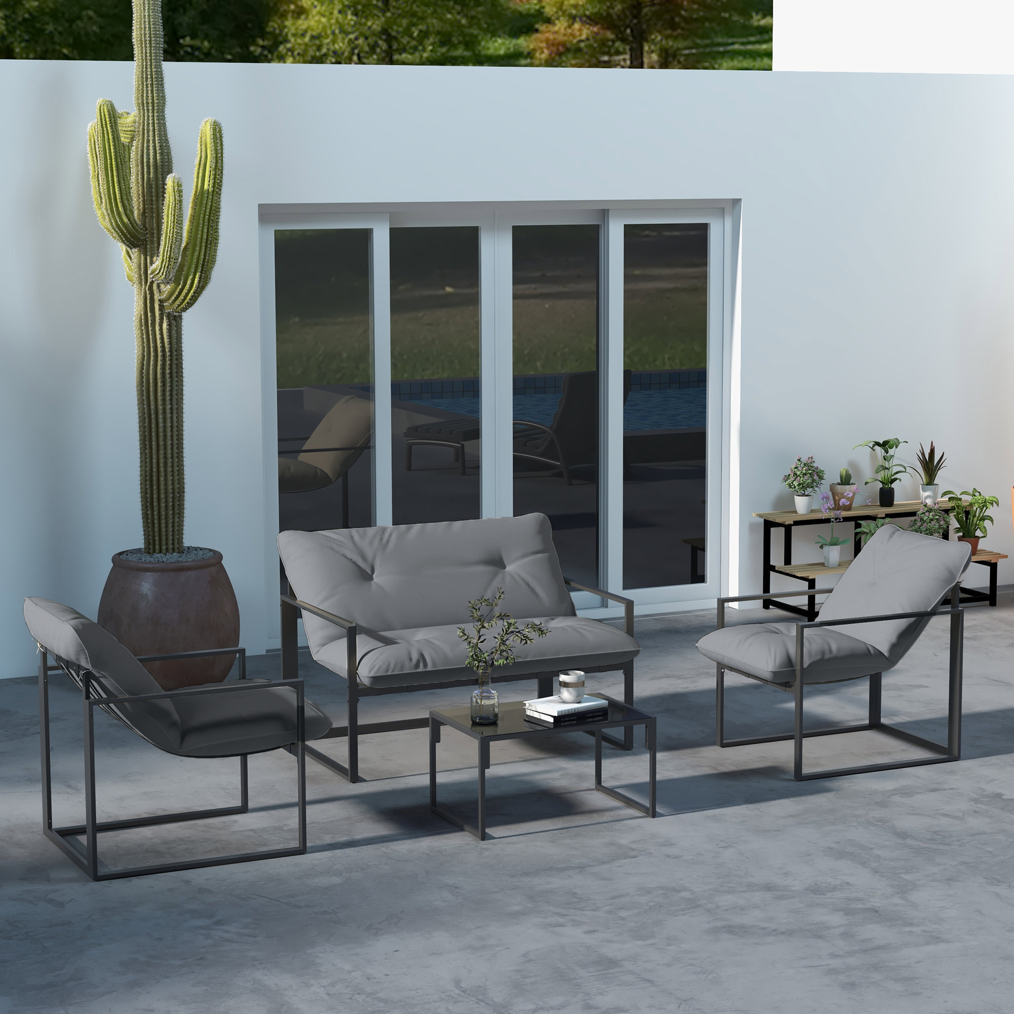 4 Piece Outdoor Furniture Set, Patio Conversation Set with Tempered Glass Table, Loveseat, 2 Chairs and Cushions, Grey - Image 6