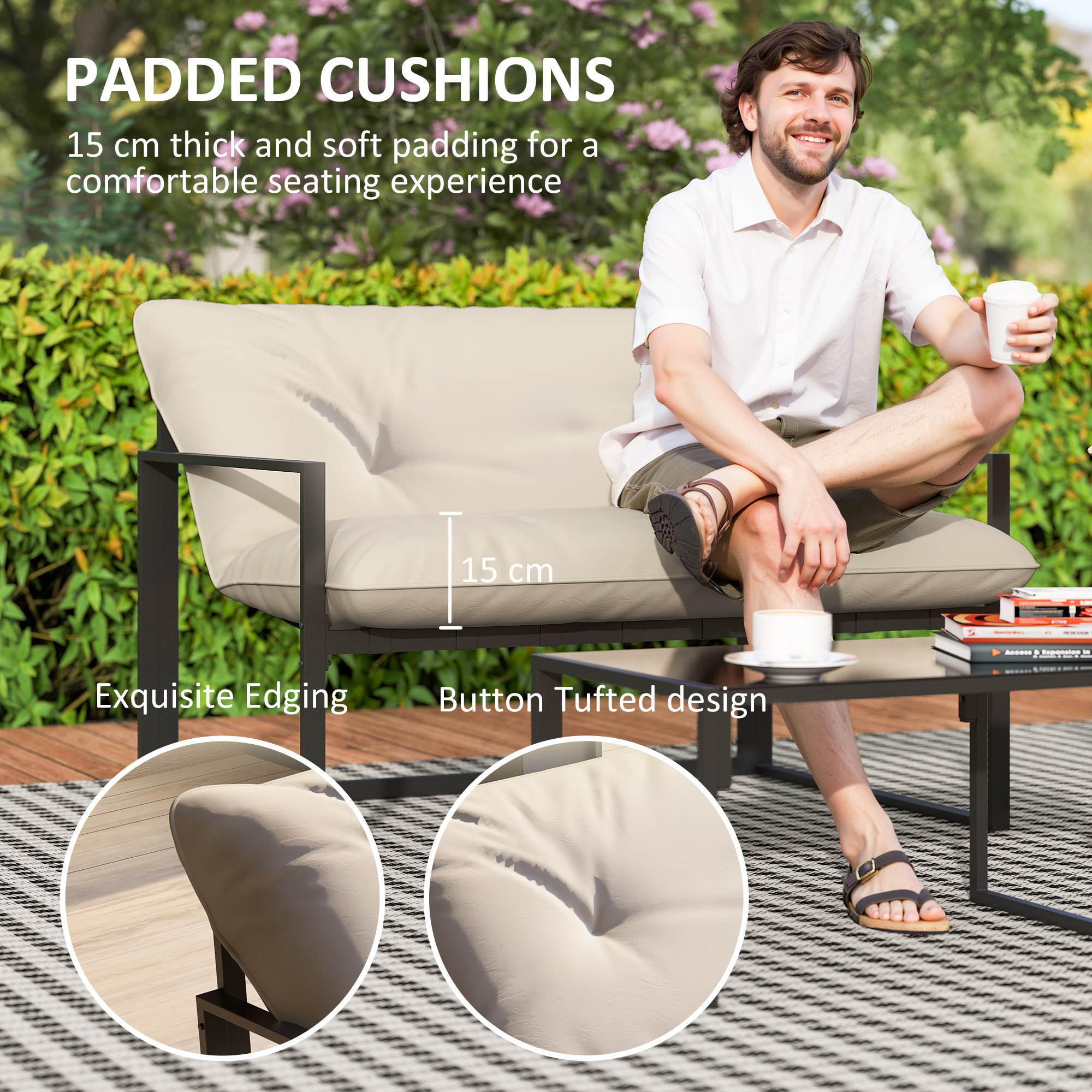 4 Piece Outdoor Furniture Set, Patio Conversation Set with Tempered Glass Table, Loveseat, 2 Chairs and Cushions, Beige - Image 4