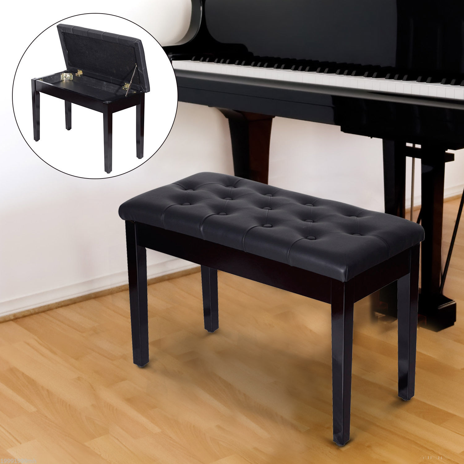 30" Piano Bench with Padded Cushion and Storage, Faux Leather Keyboard Bench with Solid Wood Legs, Black - Image 6