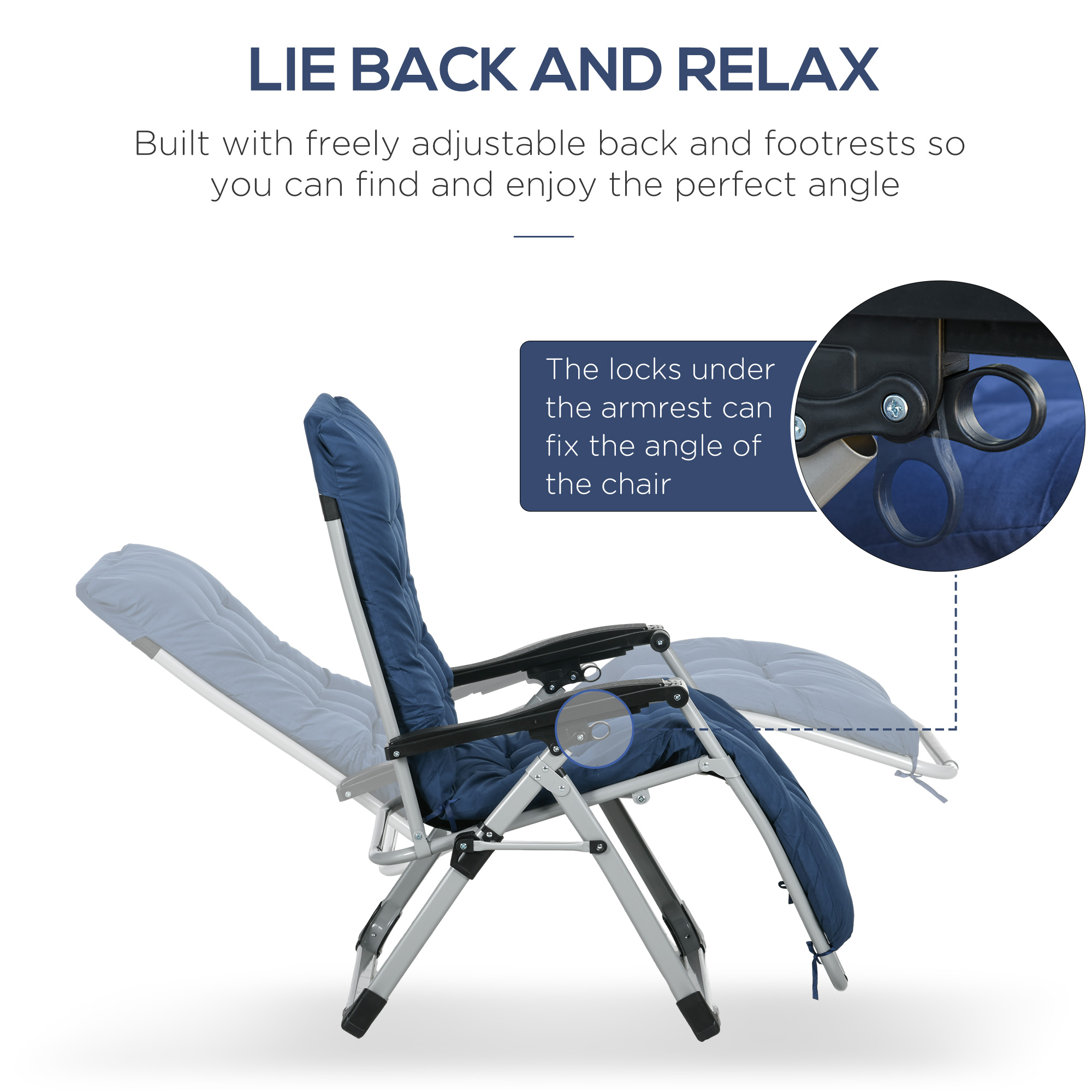 Folding Garden Chairs Set of 2, Reclining Zero Gravity Chair, Sun Lounger with Cushion and Headrest, Dark Blue - Image 2