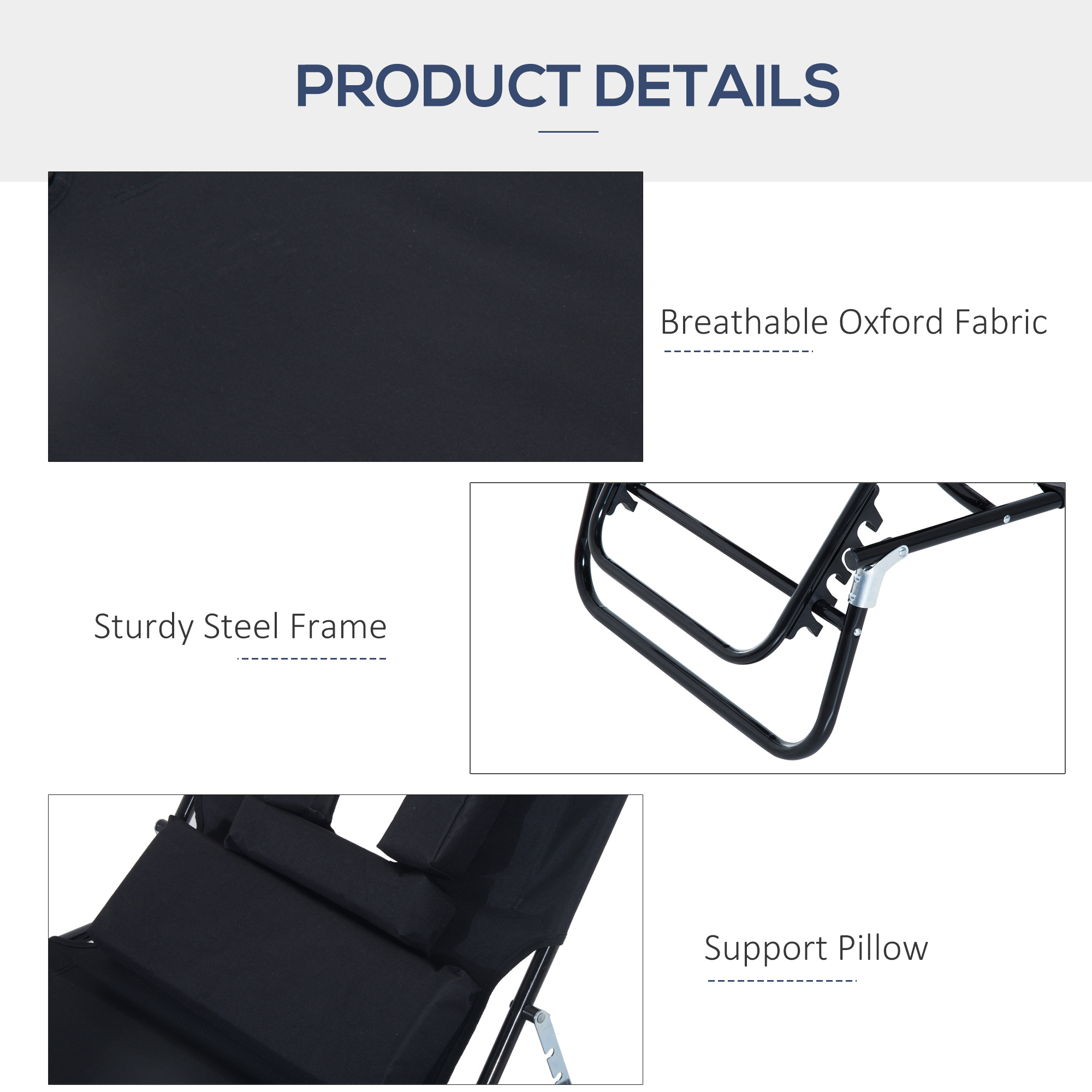 Adjustable Outdoor Lounge Chair, Garden Folding Chaise Lounge with Face Hole Reclining Tanning Chair Seat, Folding Camping Beach Lounging Bed w/ Support Pillow, Black - Image 4