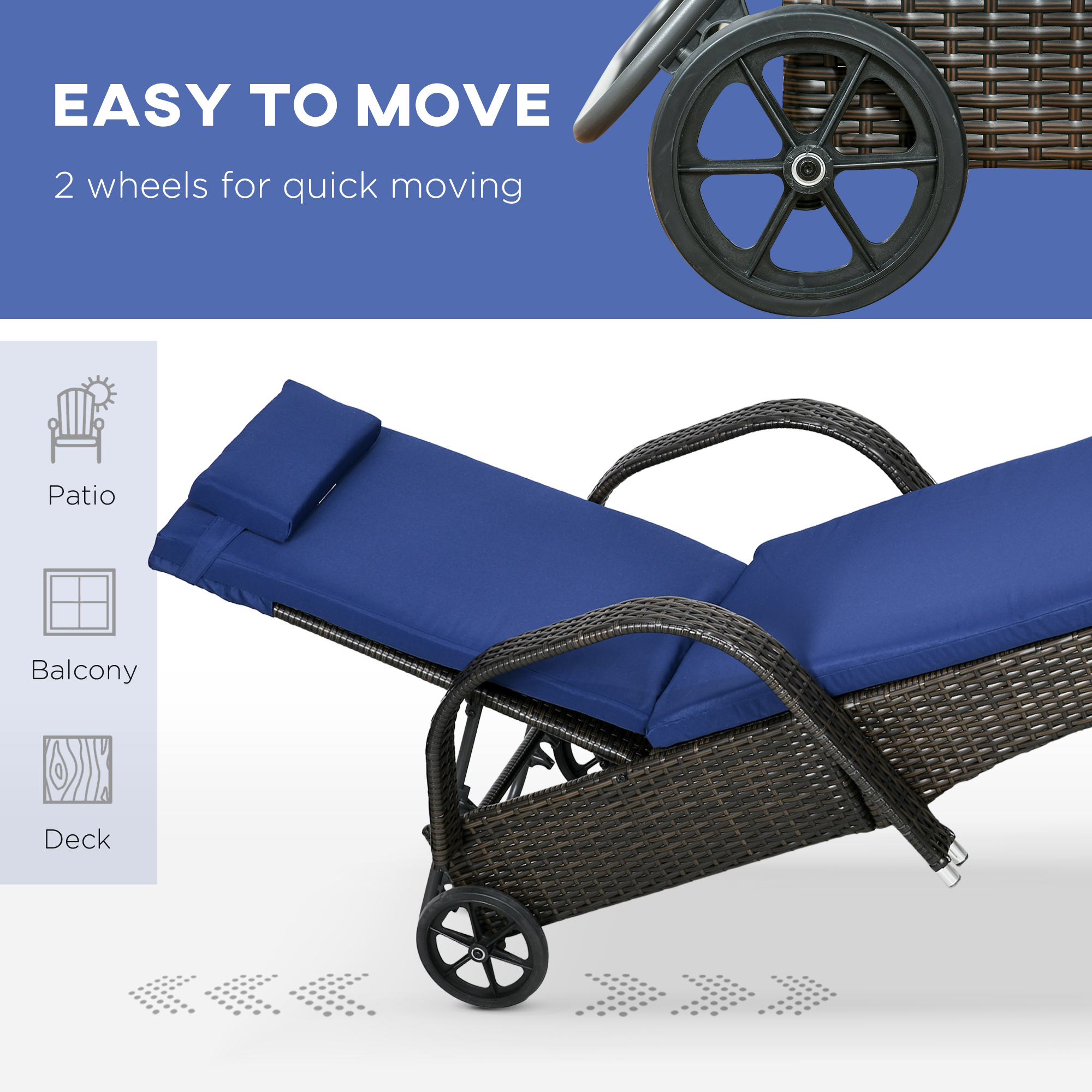 Patio Rattan Lounge Set, Wheeled Wicker Chaise Lounge Chair and Table with Tempered Glass Top, Dark Blue - Image 4