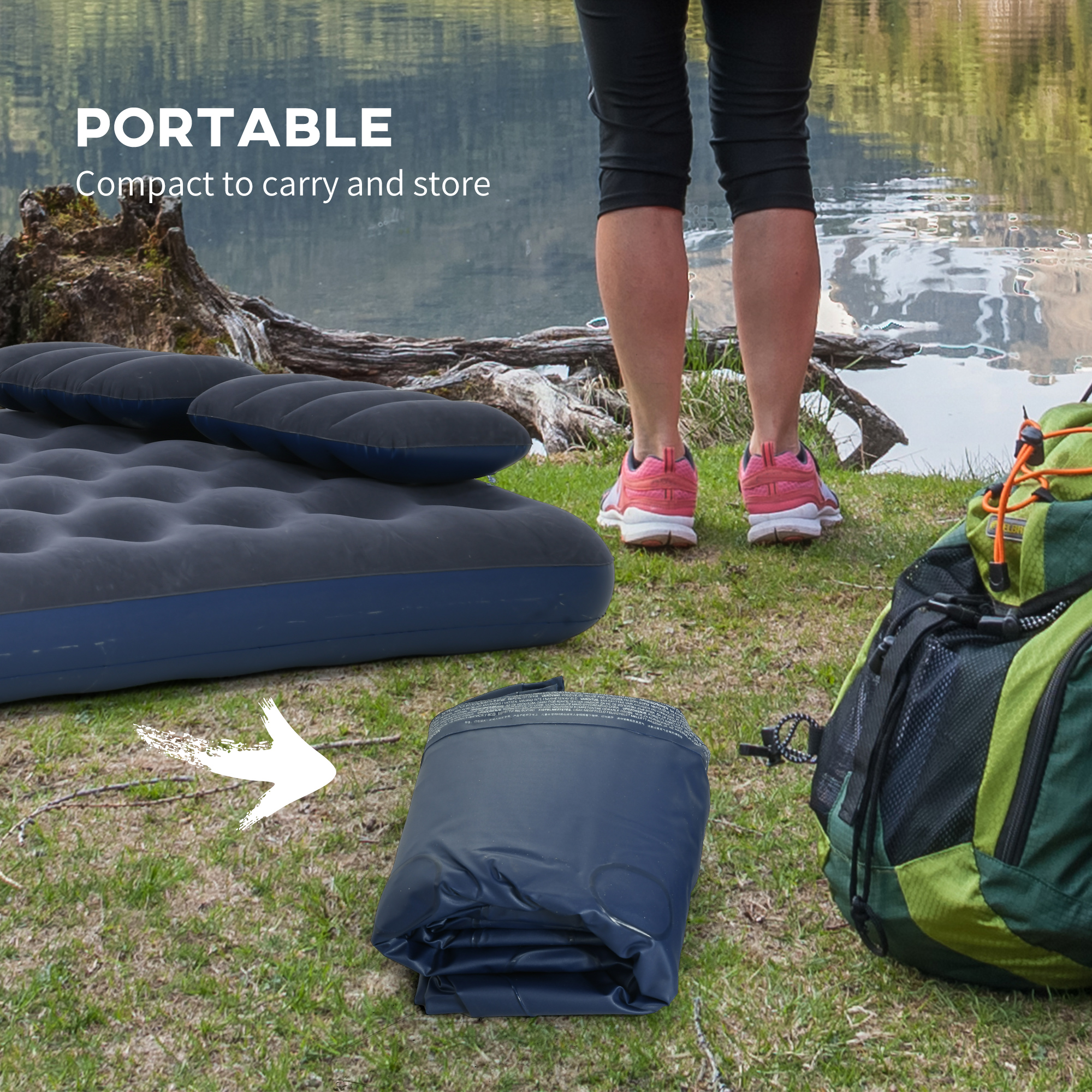 Queen Size Air Mattress Camping Air Bed with 2 Pillows and Hand Pump, Blue - Image 5