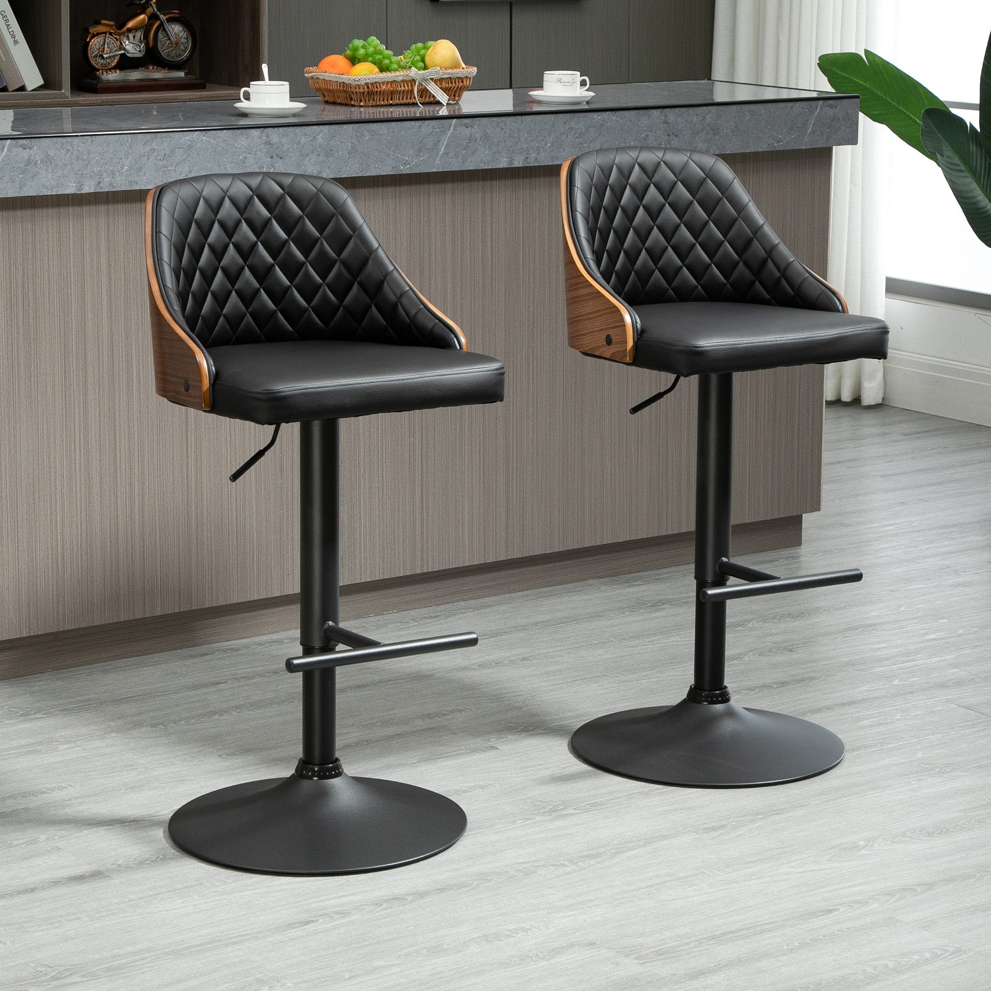 Modern Bar Stools PU Leather Set of 2 Swivel Bar Height Barstools Chairs with Adjustable Height, Round Heavy Metal Base and Footrest, Black - Image 6