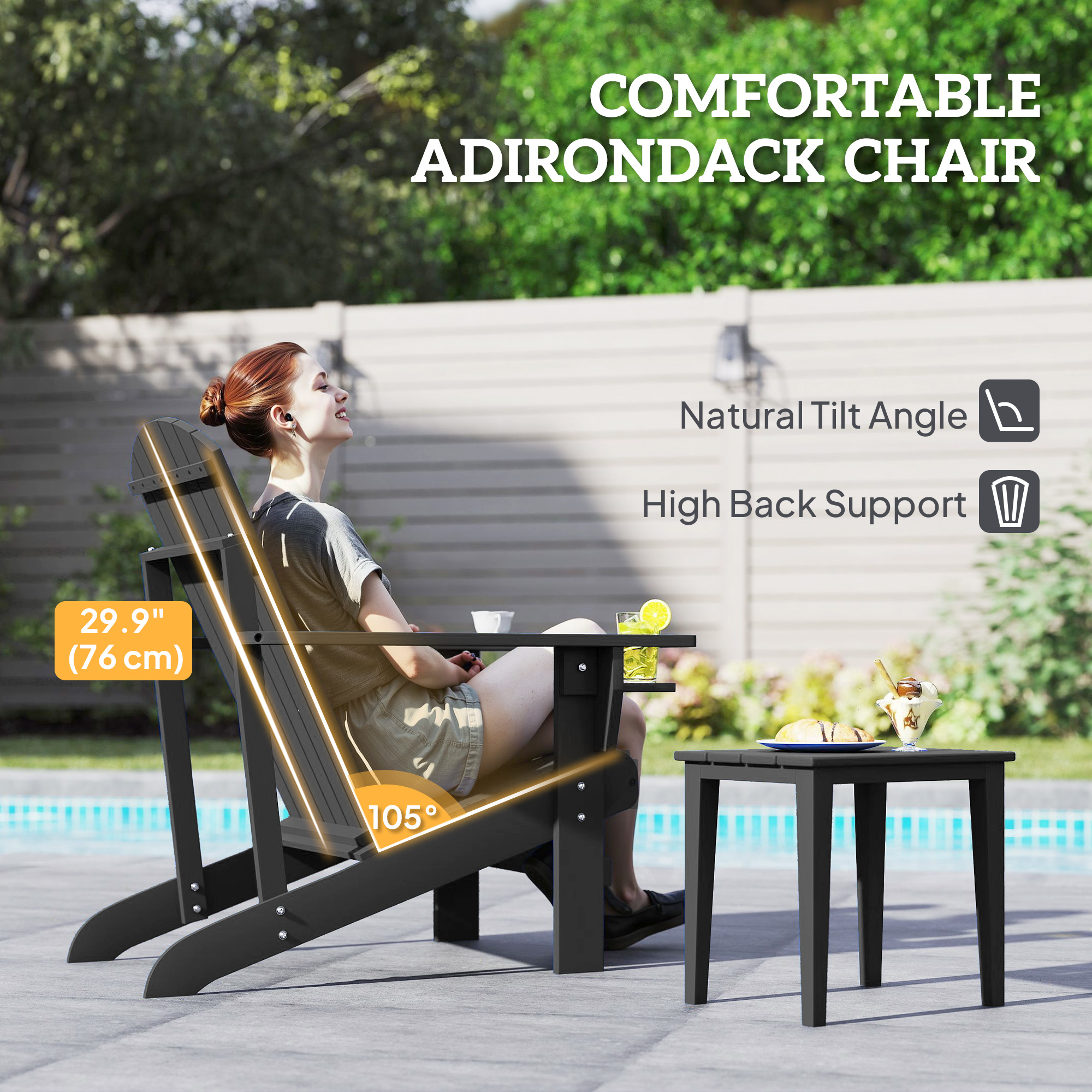 Classic Adirondack Chair Muskoka Chair, Garden Deck Chair with Cup Holder for Patio, Indoor, Backyard, Black - Image 2