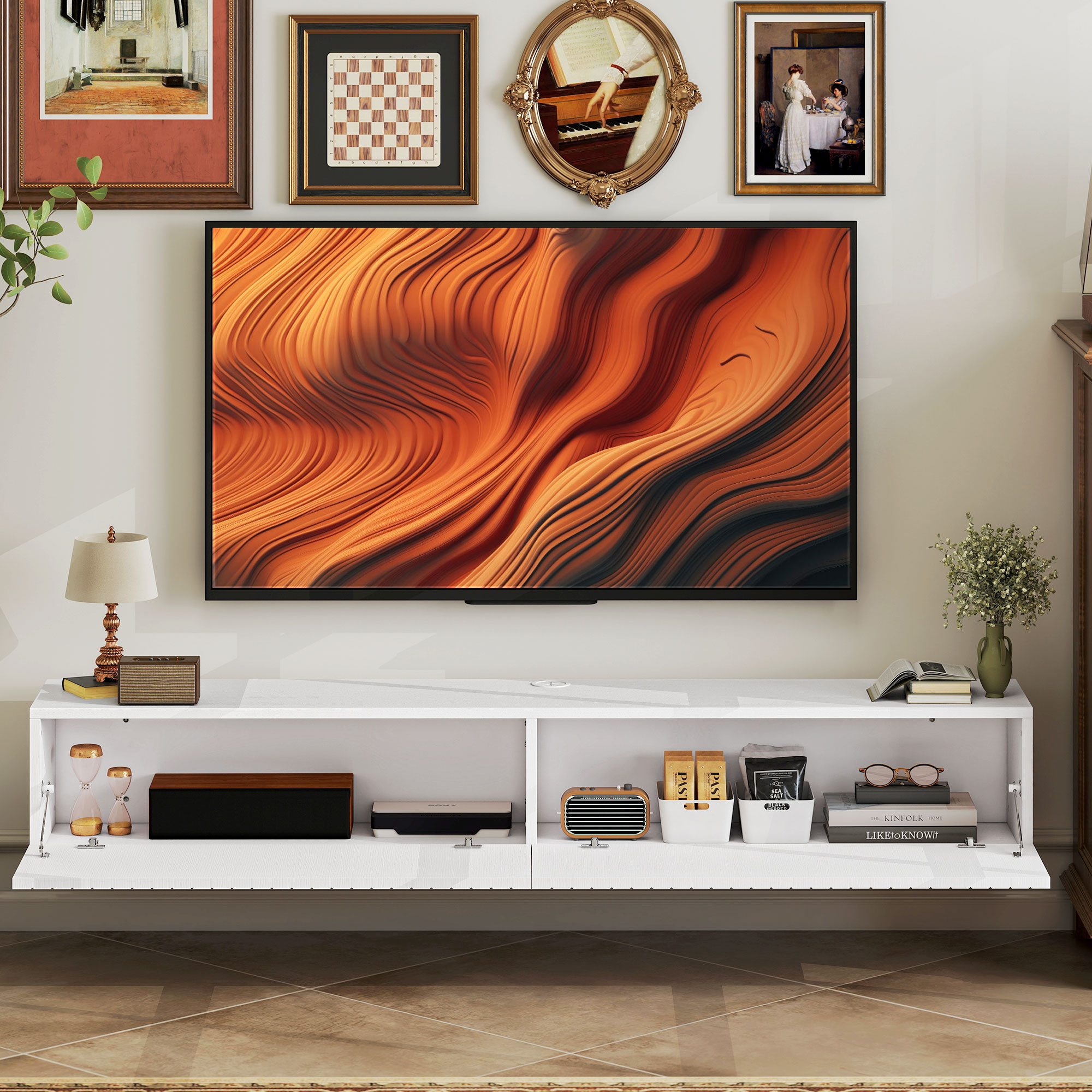 55" Floating TV Stand for TVs up to 72 Inch, Wall Mount Media Console with 2 Fluted Flip-Down Doors, Cable Hole, White - Image 5