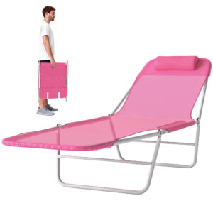Outdoor Lounge Chair, Portable Reclining Seat, Folding Chaise Lounge, Tanning Chair Bed with Pillow, Pink