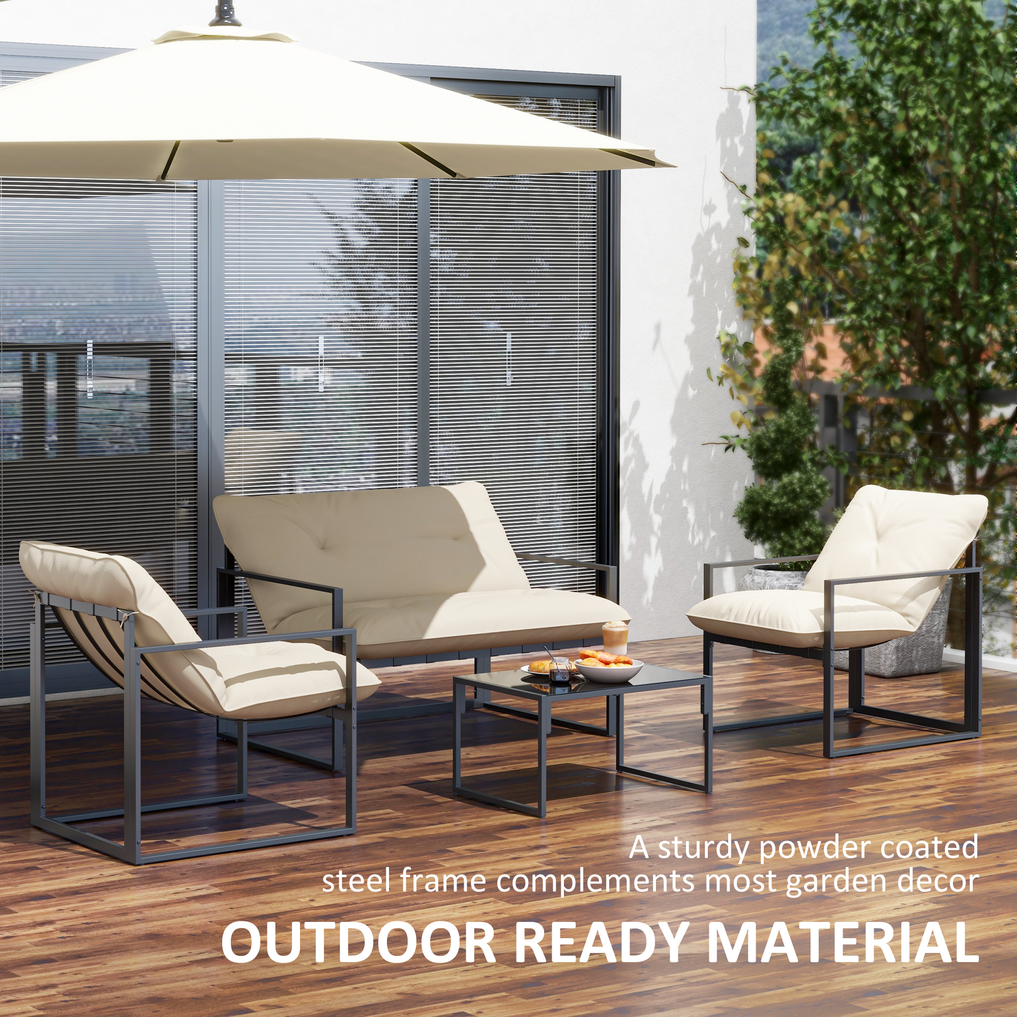 4 Piece Outdoor Furniture Set, Patio Conversation Set with Tempered Glass Table, Loveseat, 2 Chairs and Cushions, Beige - Image 6