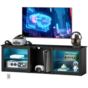 TV Stand with LED Lights, Modern Entertainment Center with Adjustable Glass Shelves, for TVs up to 70 Inch, Black