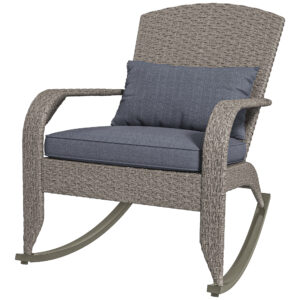 Adirondack Chair, Outdoor Wicker Rocking Chair with High Back, Seat Cushion and Pillow for Porch, Balcony, Grey
