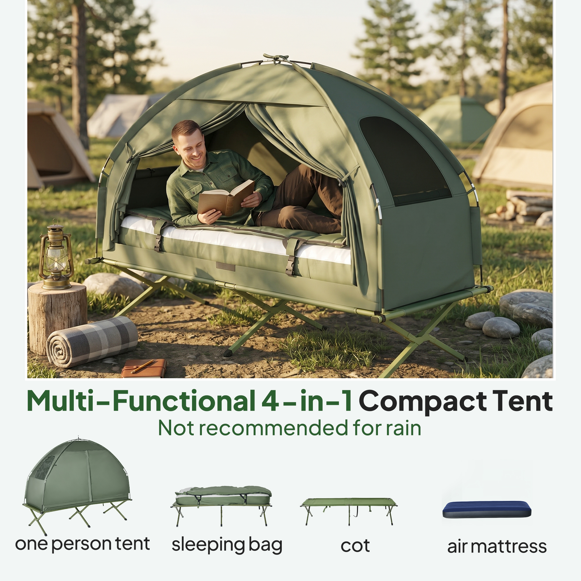 4-in-1 Camping Cot Tent, 1-Person Off-Ground Bed with Air Mattress, Sleeping Bag & Pillow, Elevated Camping Shelter for Adults - Image 2