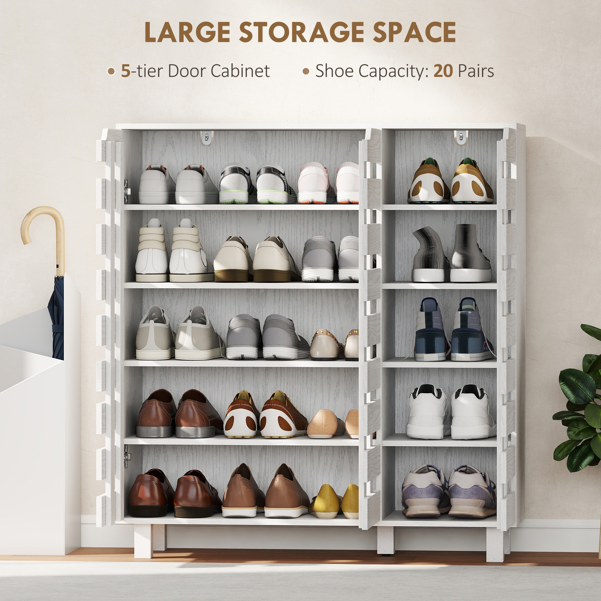 Shoe Cabinet, 20 Pair Shoe Storage Cabinet with Hollowed-Out Doors, White - Image 2