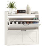 Narrow Shoe Storage Cabinet, Farmhouse Slim Shoe Cabinet with 2 Flip Drawers, Adjustable Shelves, White Oak