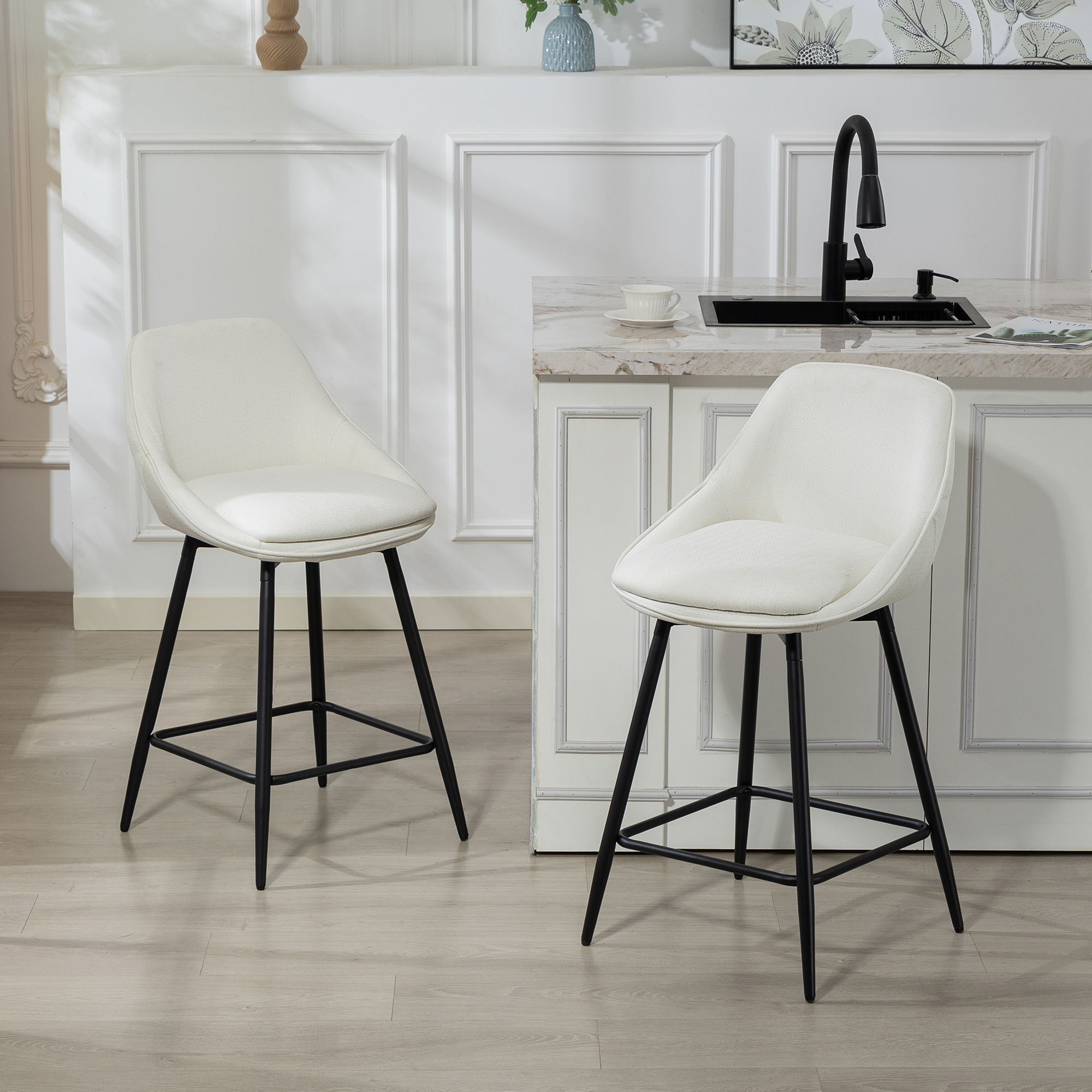 26" Counter Height Barstools Set of 2, Upholstered Swivel Bar Stools with Backrests and Armrests, Cream White - Image 6
