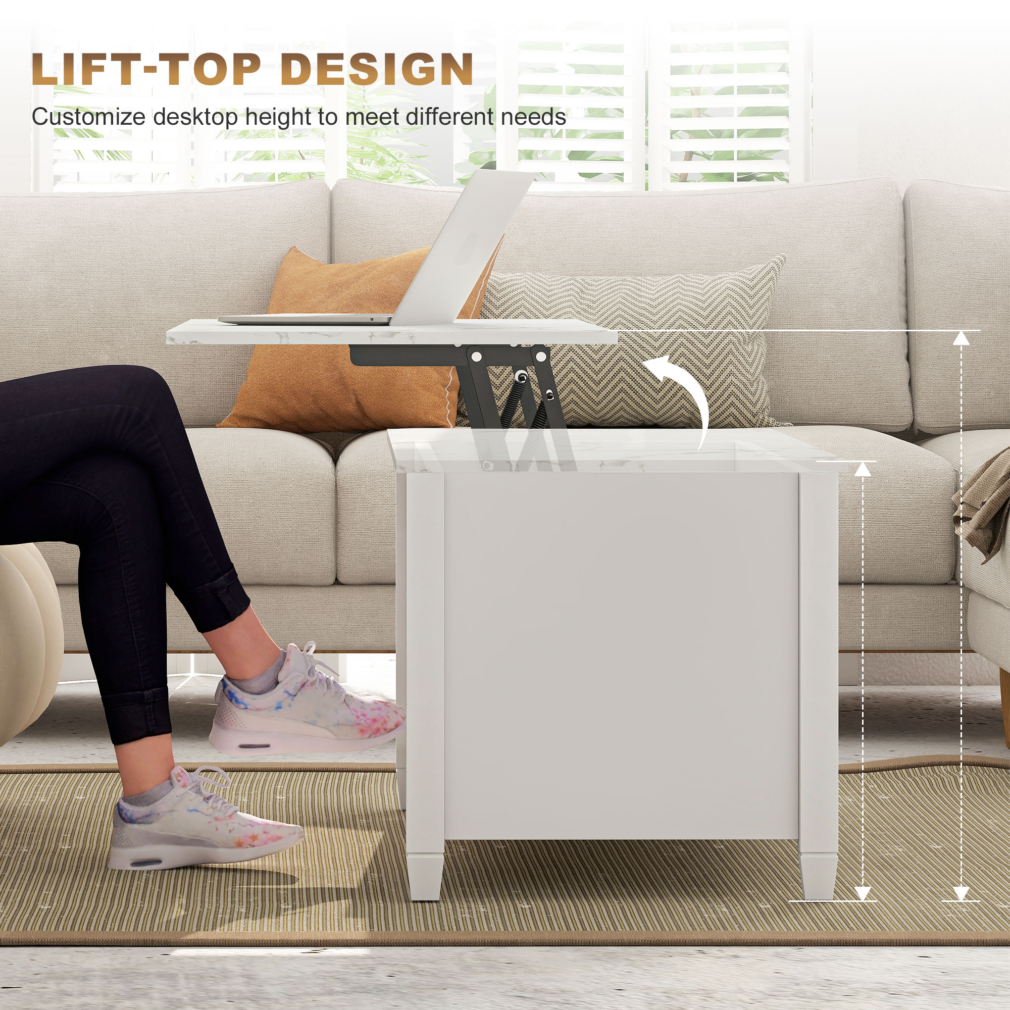 Lift Top Coffee Table, Modern Center Table with Storage Shelves and Hidden Compartment for Living Room, 41" L, White - Image 2