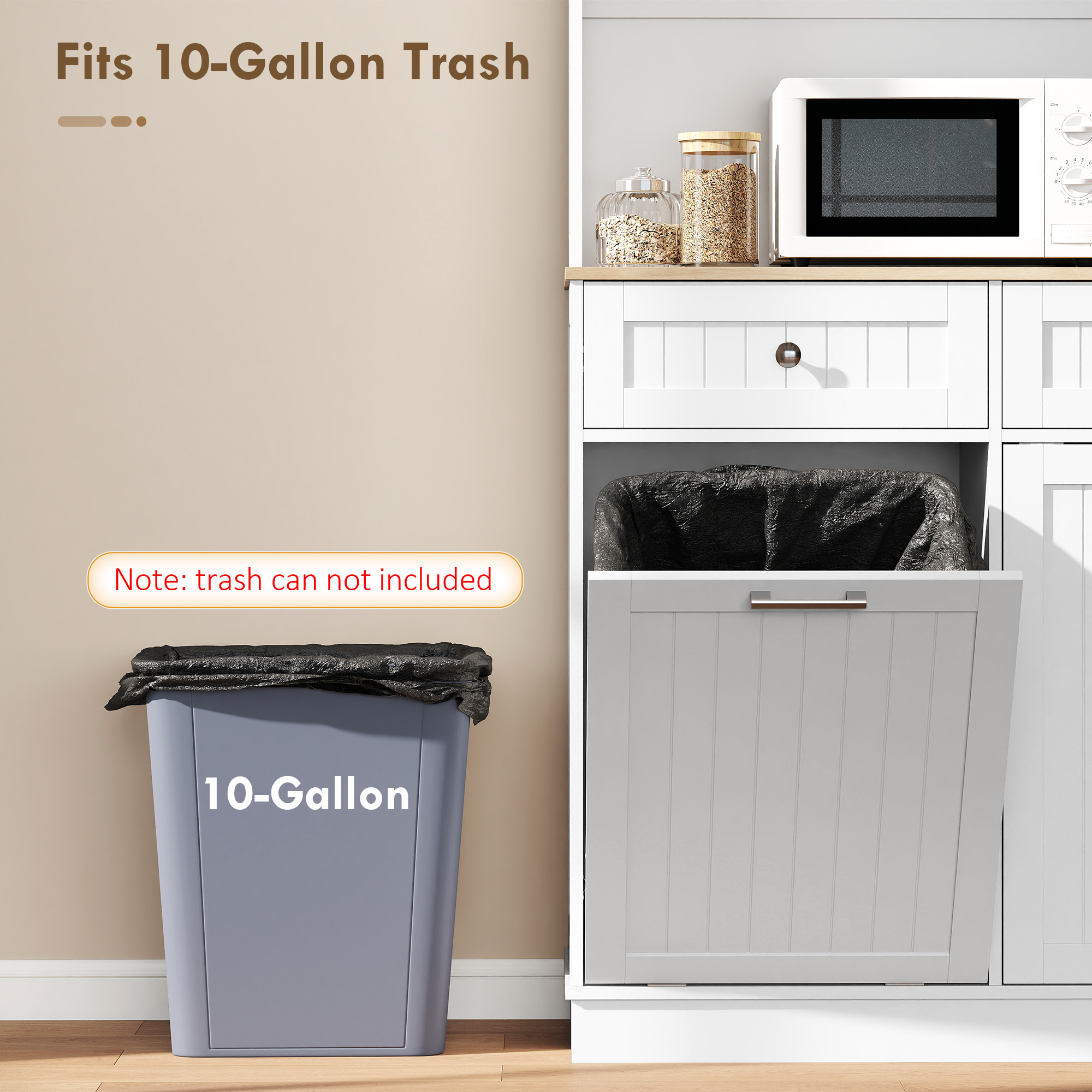 68" Pantry Cabinet with Charging Station, Storage Cabinet with Microwave Stand, 10 Gallon Trash Can Cabinet, White - Image 5