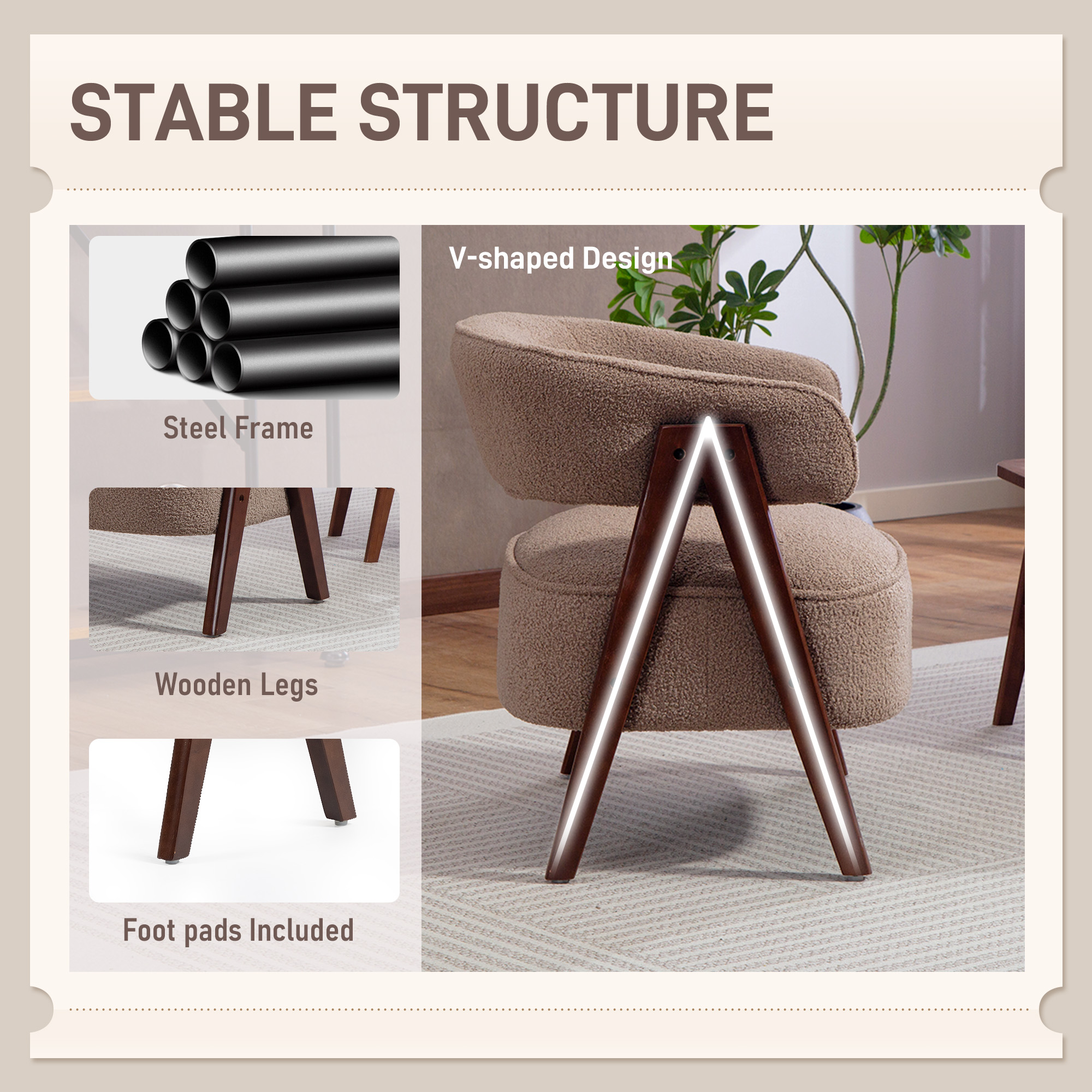 Sherpa Fleece Accent Chair, Upholstered Armchair with Solid Wood Legs and Steel Frame for Living Room, Light Brown - Image 3