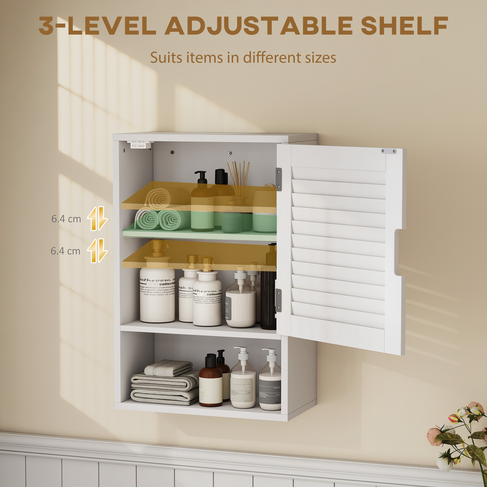 Bathroom Cabinet, Wall Mounted Storage Cabinet with Adjustable Shelves, 40 x 20 x 60 cm, White - Image 3
