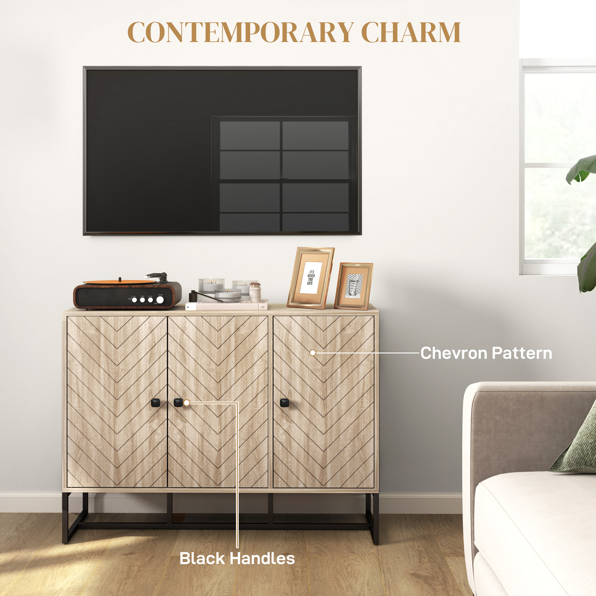 Modern Sideboard, Buffet Cabinet with Adjustable Shelves, 3 Chevron Doors for Living Room, Hallway, Oak Wood Grain - Image 4