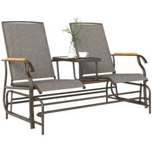 Outdoor 2-Person Glider Bench, Outside Swing Glider Chair Loveseat with Breathable Mesh, Table, Steel Frame