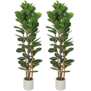 6FT Artificial Fiddle Leaf Fig Tree Set of 2, Fake Potted Tree with Solid Wood Trunks for Indoor Decor, Green