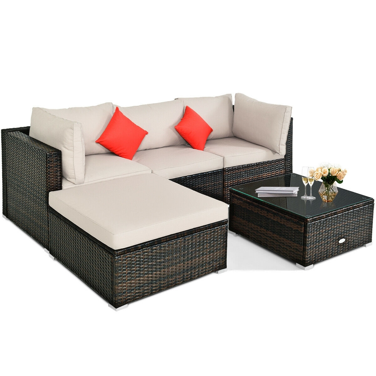 5 Pieces Outdoor Patio Rattan Furniture Set Sectional Conversation with Cushions-Beige - Image 6