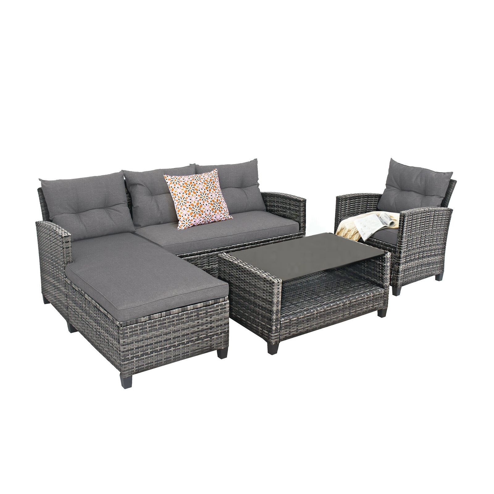 4 Pieces Patio Rattan Furniture Set with Cushion and Table Shelf-Gray - Image 2