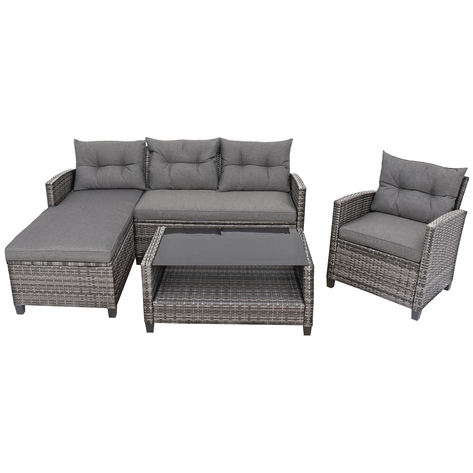 4 Pieces Patio Rattan Furniture Set with Cushion and Table Shelf-Gray - Image 3