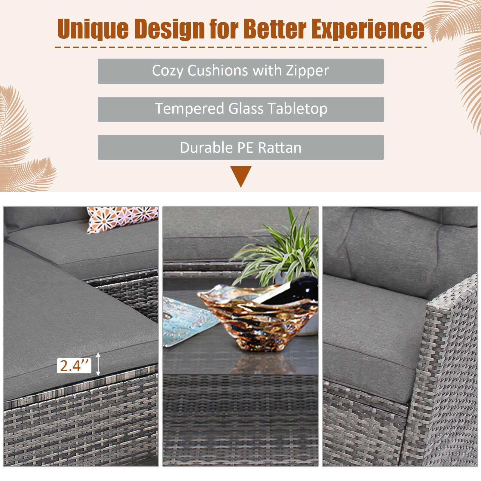 4 Pieces Patio Rattan Furniture Set with Cushion and Table Shelf-Gray - Image 7
