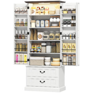 72" LED Kitchen Pantry Cabinet, Buffet Storage Cabinet with 10 Door Shelves, 2 Drawers and Adjustable Shelves, White
