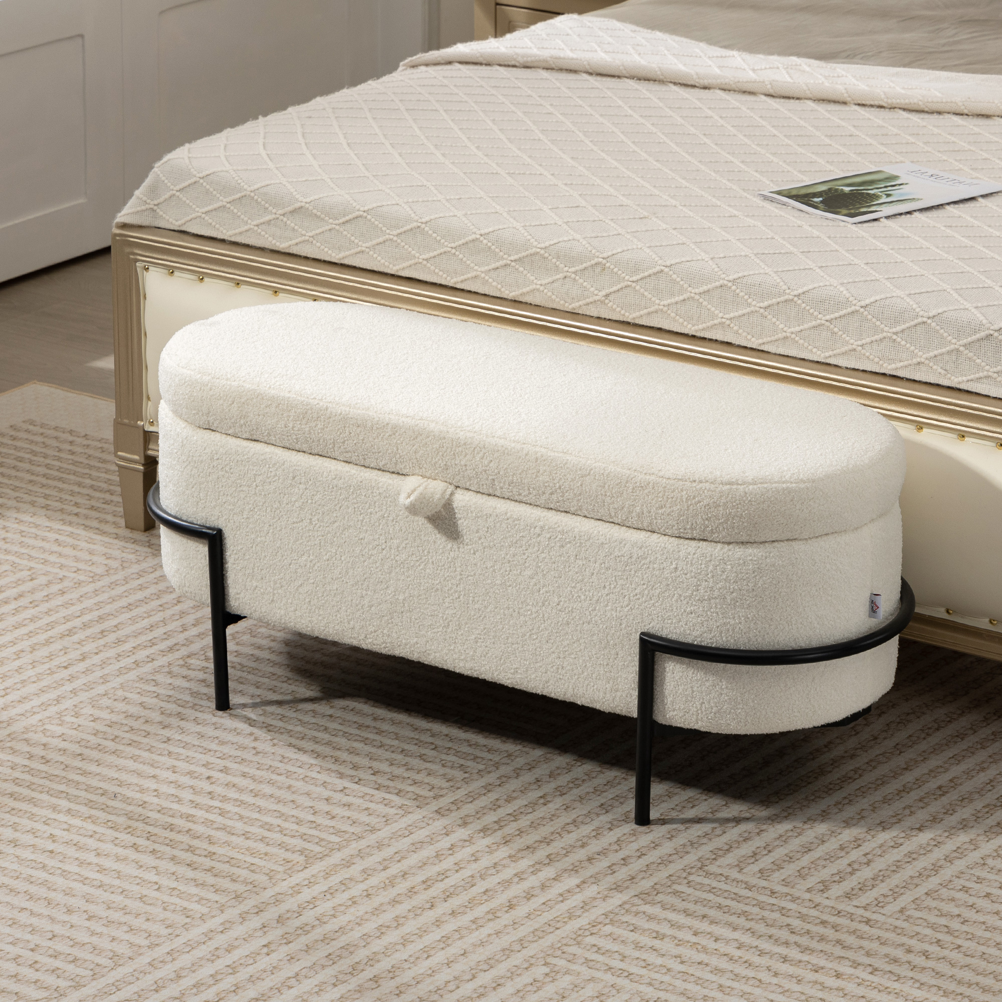 Storage Ottoman with Lift-Up Lid and Steel Legs, 45 Inches Sherpa Fleece Storage Chest for Living Room, Cream White - Image 6