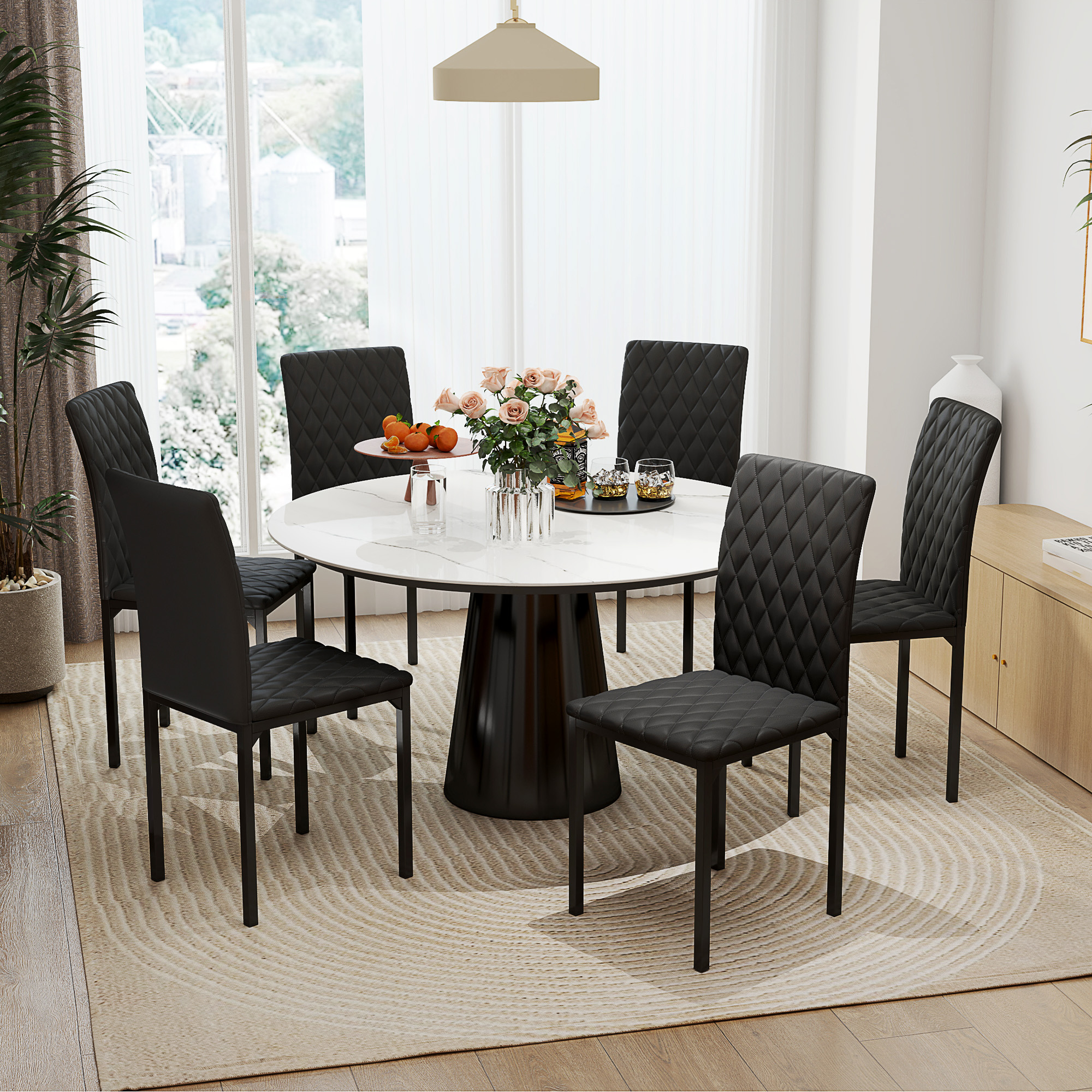 Set of 6 Modern Dining Chairs, Tufted High Back Side Chairs with Upholstered Seat, Steel Legs for Living Room, Black - Image 6