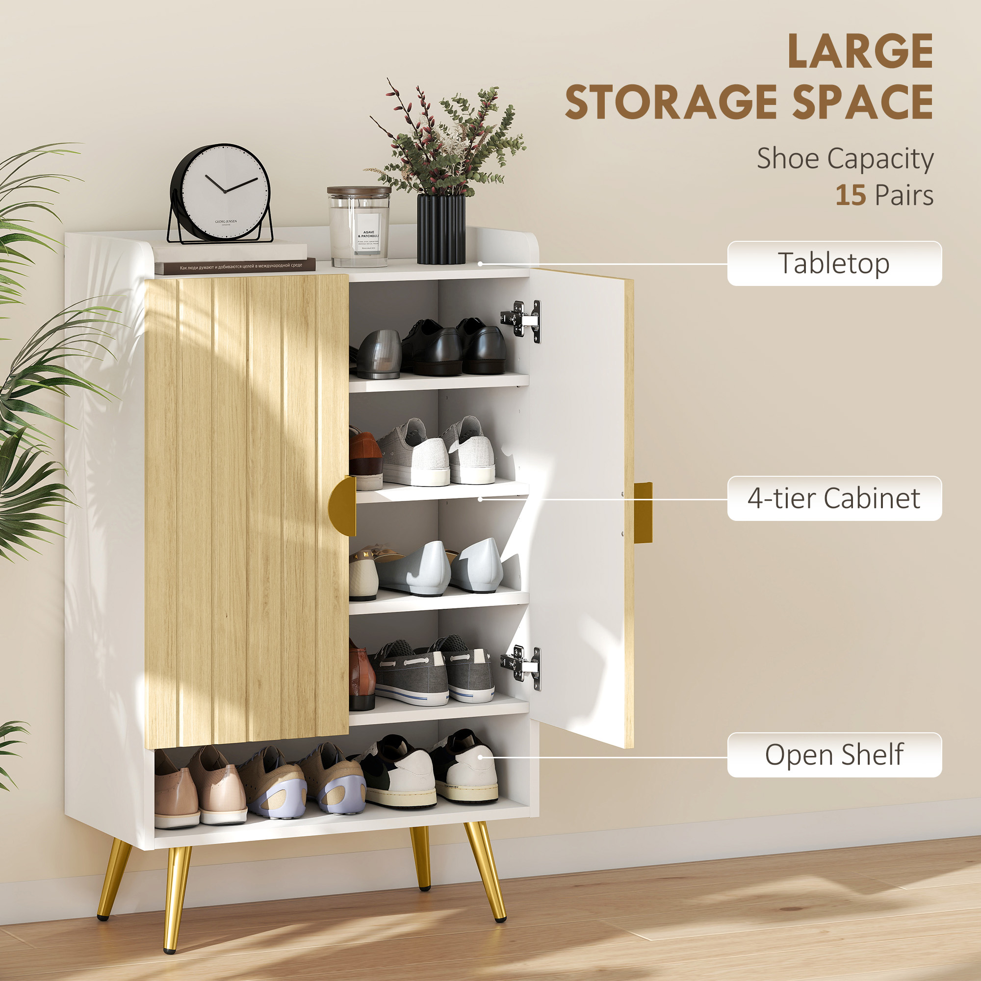 Entryway Shoe Storage Cabinet, Narrow Shoe Cabinet with Adjustable Shelves and Open Shelf for 15 Pairs of Shoes, Natural - Image 2
