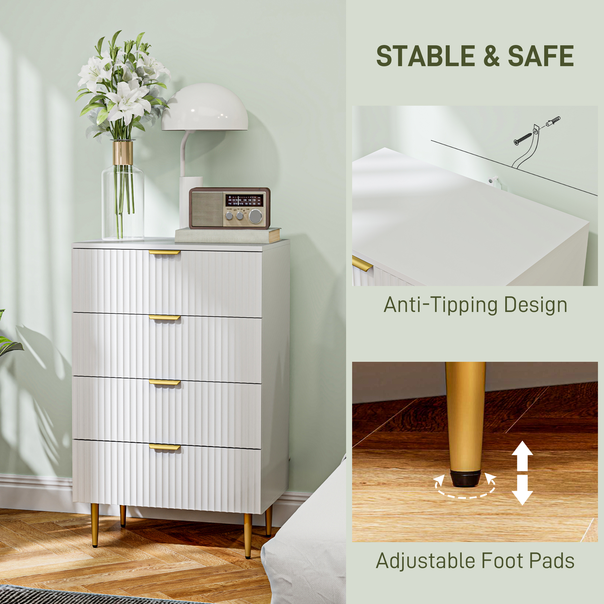 Modern Chest of Drawers 4 Drawer Dresser for Bedroom with Gold Legs and Handles, White - Image 4
