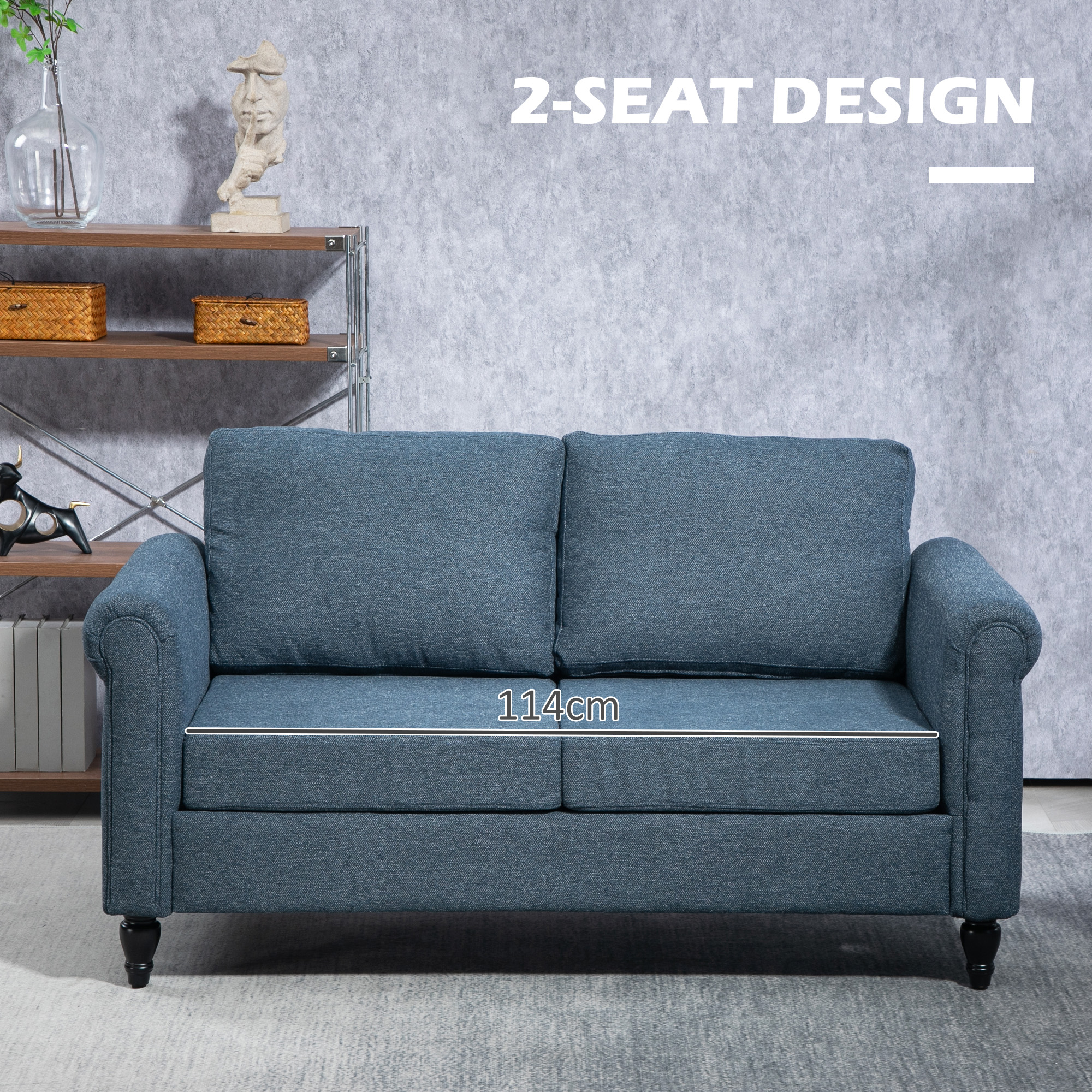 Vintage Loveseat, Upholstered Love Seat Furniture, Fabric 2 Seater Sofa with Rolled Arms, Rubber Wood Legs, Dark Blue - Image 4