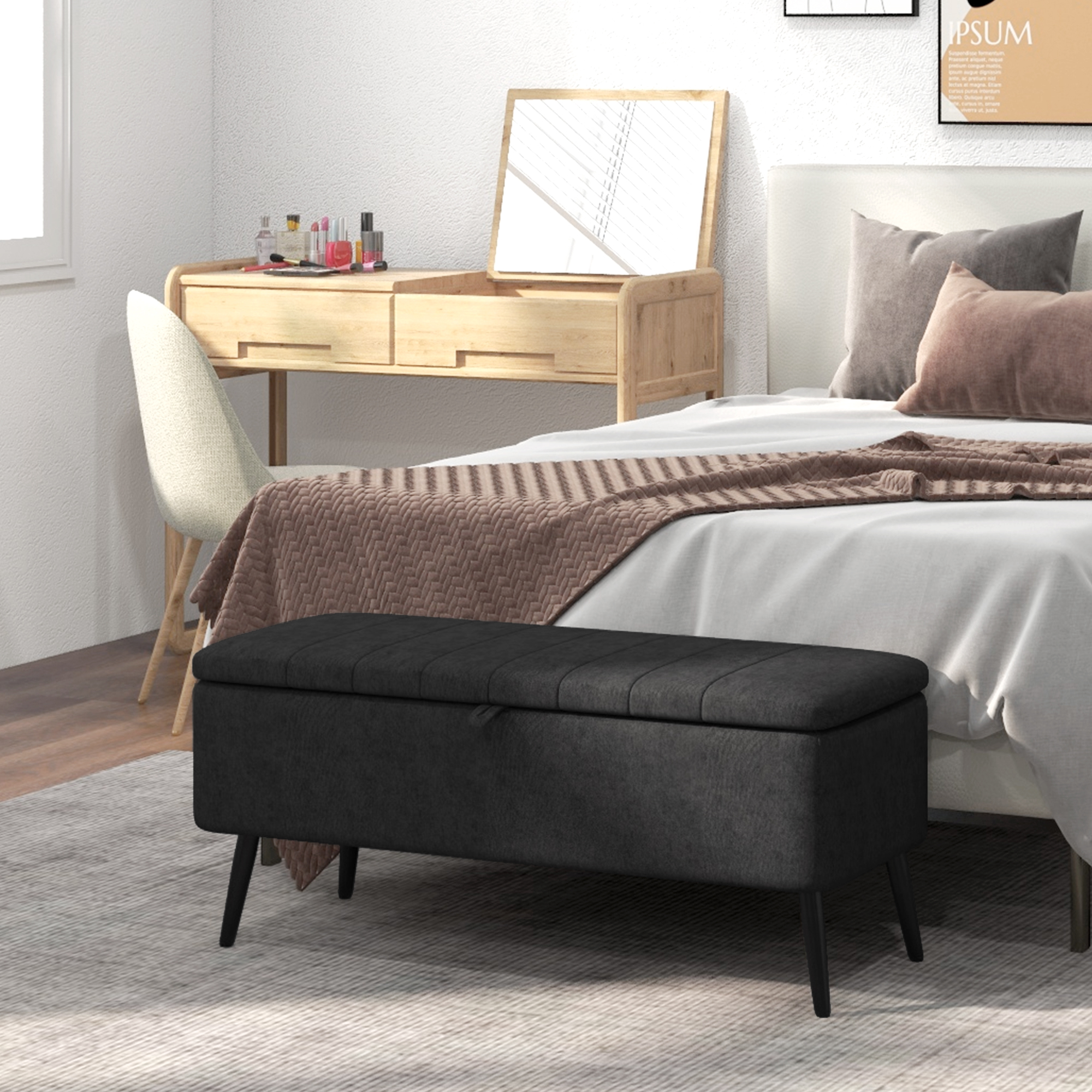 40" Ottoman with Storage, Linen Upholstered Storage Ottoman Bench with Steel Legs for Living Room, Bedroom Black - Image 6
