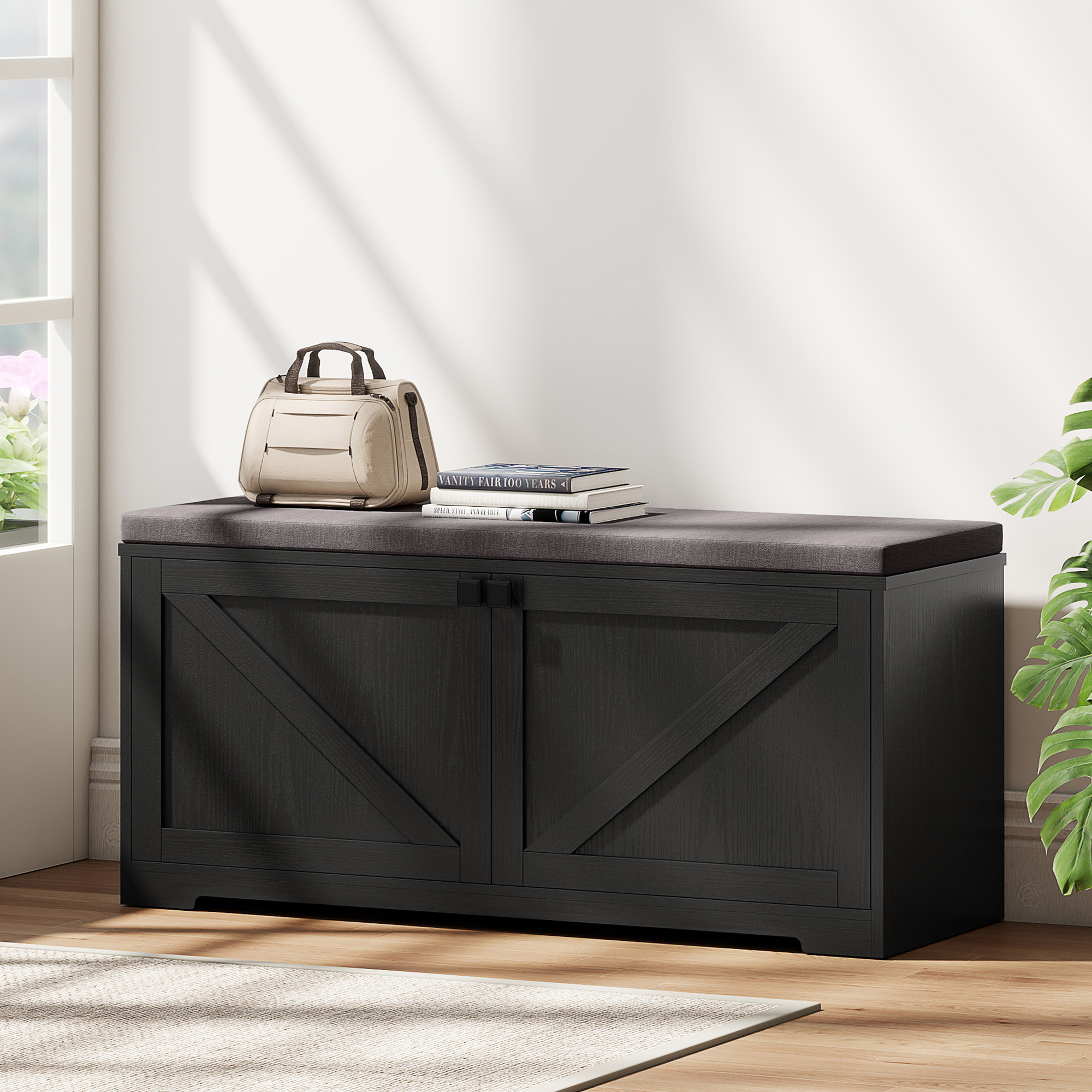 Shoe Storage Bench with Padded Seat, Entryway Bench Holds up to 352 lb, Shoe Organizer, 8 Pairs, Black Wood Grain - Image 6