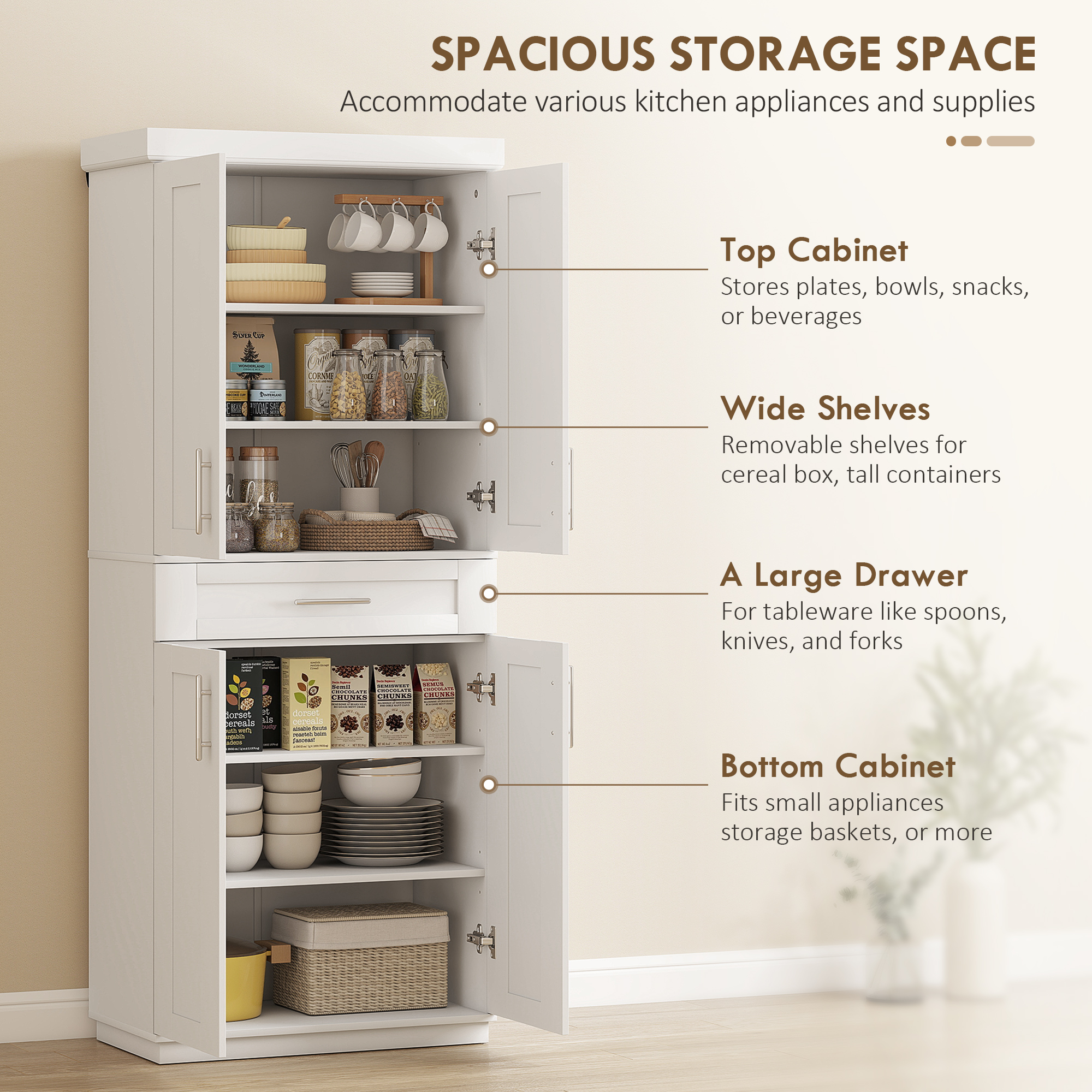 72" Storage Cabinet, Freestanding Kitchen Pantry Cabinet with 4 Doors, Drawer and 3 Adjustable Shelves, White - Image 2