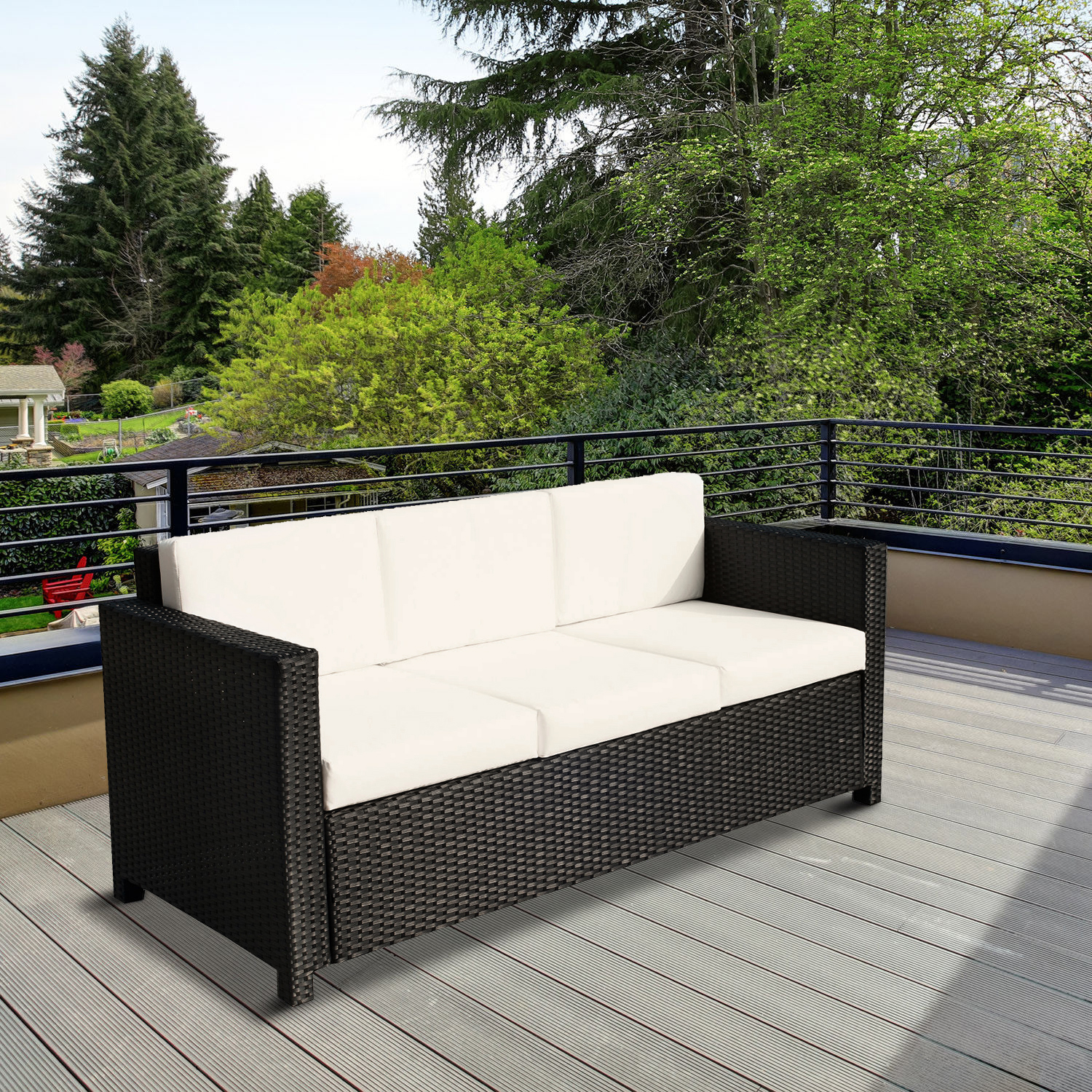 Deluxe 3 Seat Rattan Wicker Sofa Garden Outdoor Patio Furniture with Cushion, Cream White - Image 6